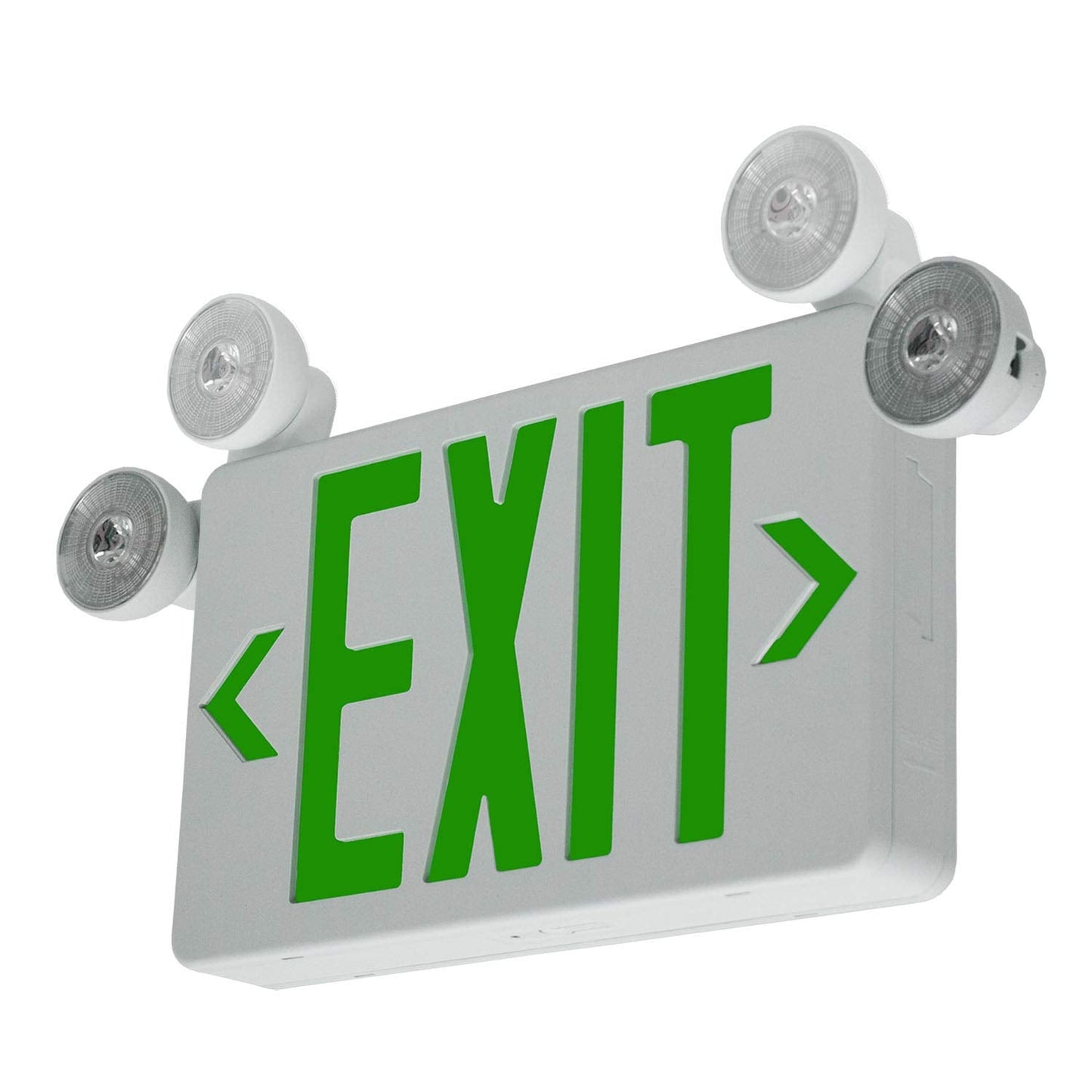 LFI Lights | Compact Combo Green LED Exit Sign w/Emergency Lights | White Housing | 2 Adjustable Heads | Hardwired w/Battery Backup | UL Listed | COMBOC-G-W-BB