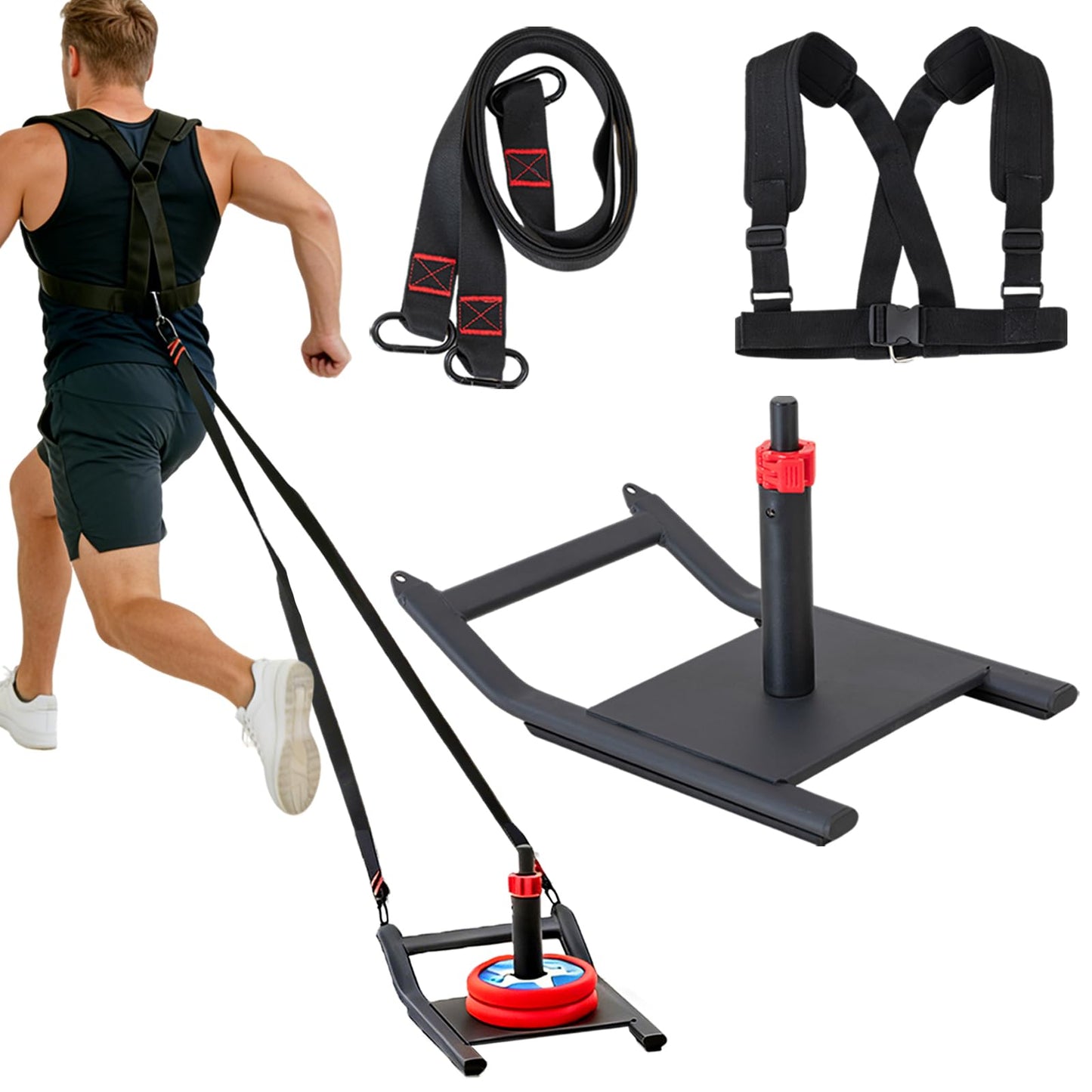 ANOSWXG Metal Steel Weight Sled, Arc Design Workout Sled for Football Training Equipment & Speed Training, Adjustable Back Strap Pull Sled for Adults (Fits 1/2 Inch Weight Plates)