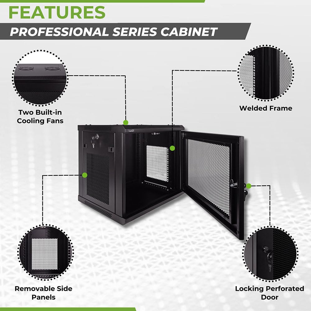 NavePoint 9U Server Rack Enclosure - 17.7” Deep, Wall Mount Network Cabinet with Locking Perforated Door, 19” IT Equipment Compatible, Network Rack, Removable Side Panels, Black