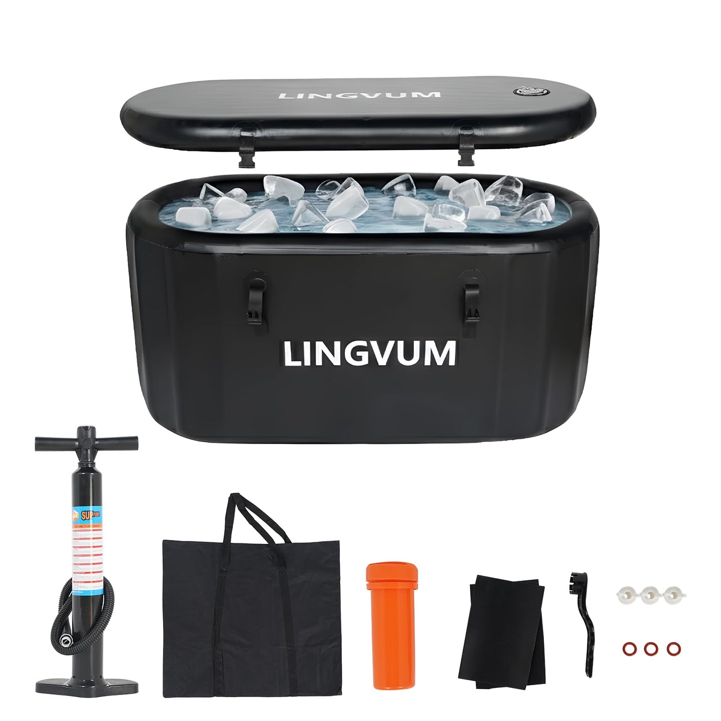 LINGVUM XXL Inflatable Ice Bath Tub for Athletes, 195 Gallon Cold Plunge Tub with Lid, Water Chiller Compatible, Portable Oval Freestanding Bathtub for Cold Water Therapy Recovery Indoor Outdoor Black