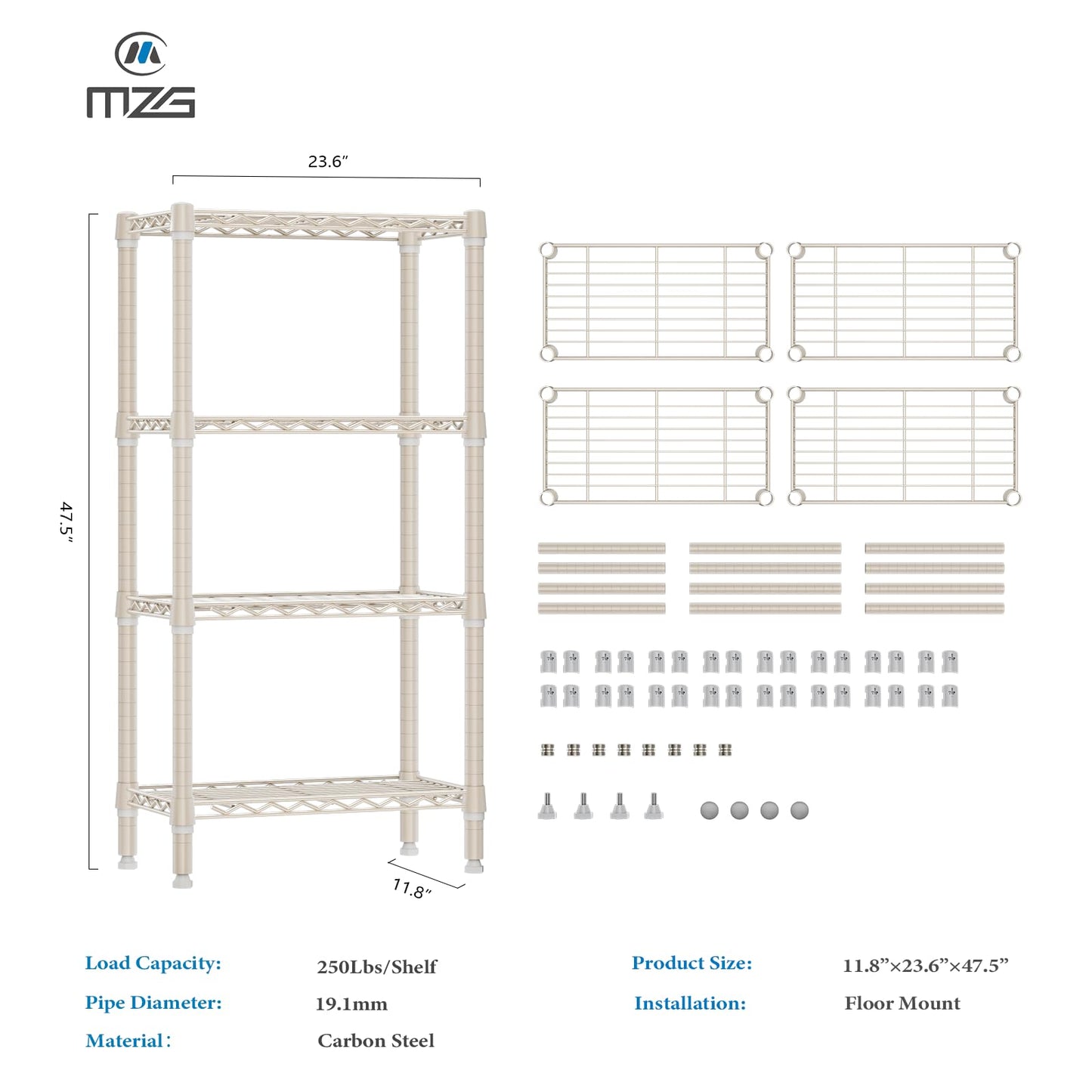 M MZG 1000 lbs 4-Shelf Standing Storage Shelves Heavy Duty Metal Shelving Unit Adjustable Wire Rack for Office Garage Kitchen, Light Tan 11.8 D x 23.6" W x 47.5" H