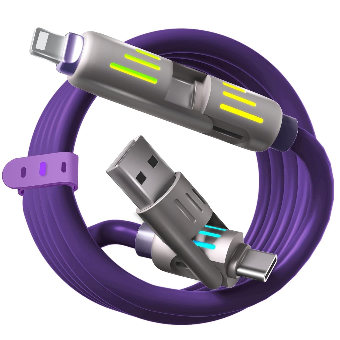 LWW 240W 4-in-1 5A 4FT USB C Multi Charger Cable with LED Indicator, PD Fast Charging & Data Sync, Silicone, Compatible