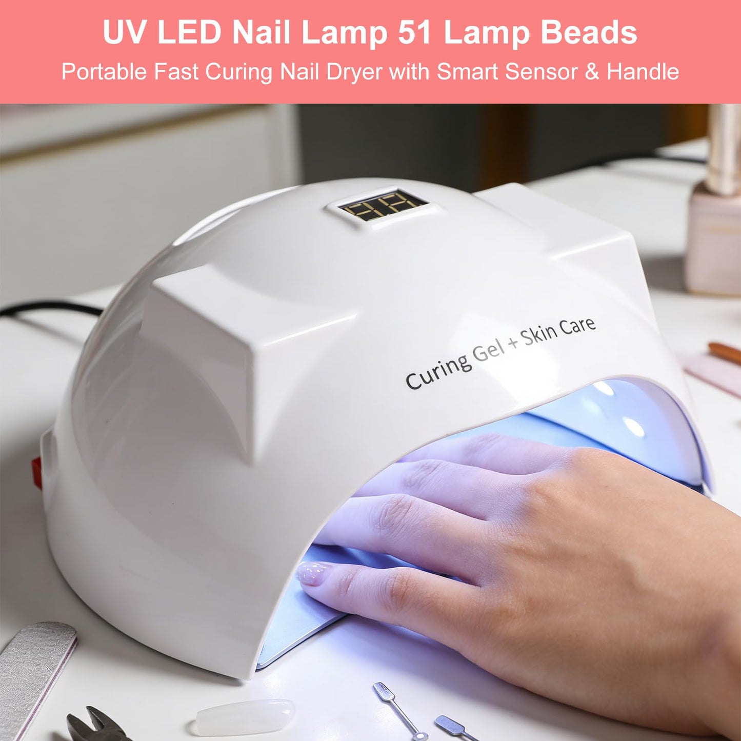 Yoidesu 66W LED Nail Lamp, Light for Gel Nails, 3 Timers Nail Lamp Professional Nail Light with Dual LED Light Source 51pcs Light Beads (US Plug 110‑230V)
