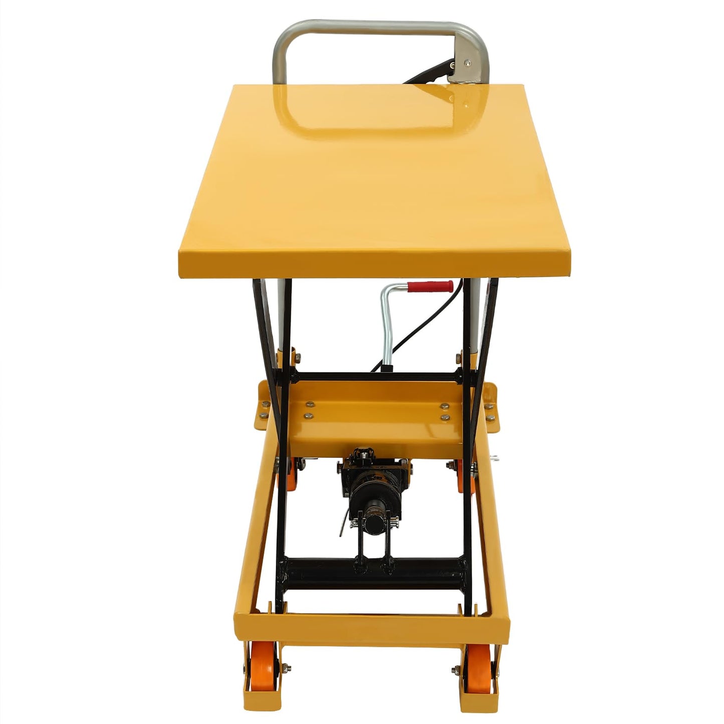 Hydraulic Lift Table Cart 500 lbs Load Capacity Manual Hydraulic Single Scissor Cart with Wide Deck, 4 Locking Wheels for Material Handling & Transportation (Yellow)