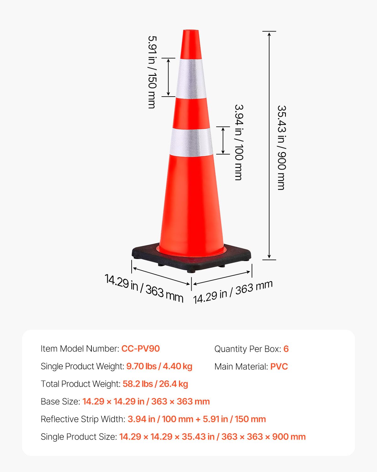 VEVOR Safety Cones, 6 Pack 36" Traffic Cones, PVC Orange Construction Cones with Reflective Collars and Black Weighted Base, for Traffic Control, Driveway Road Parking and School Improvement
