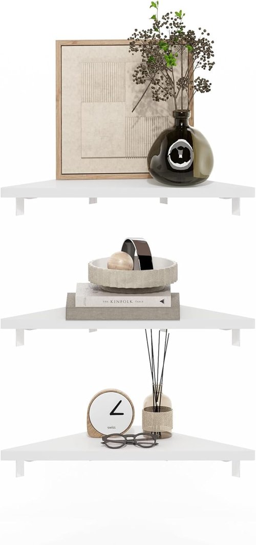 Furinno Rossi Triangle Floating Shelves - Set of 3 Geometric Wall-Mounted Shelves | White for Bathroom & Living Room