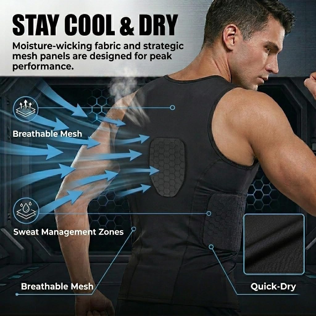 Adult Padded Compression Shirt Training Vest (4-Pad) Sleeveless T-Shirt Ribs, Back Protector Tank- Football Soccer Basketball Hockey Protective Gear