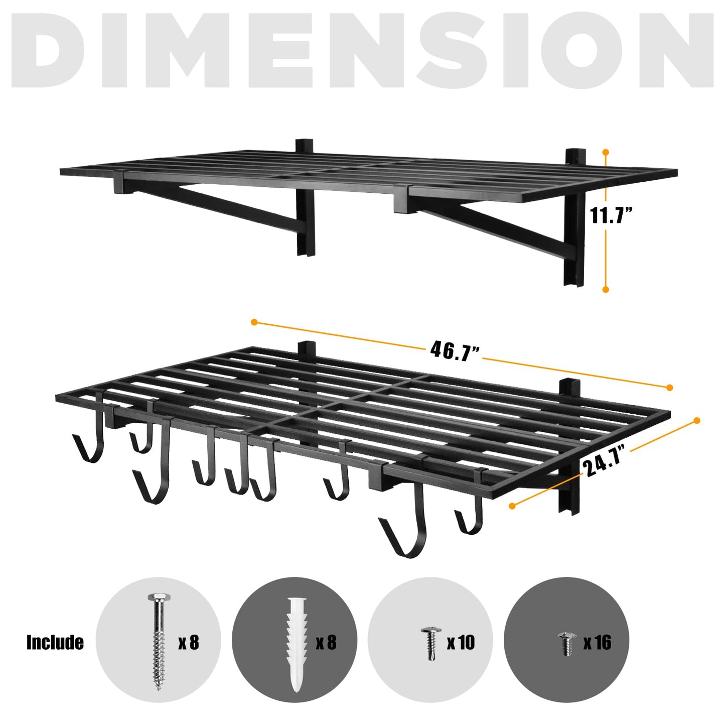 BTRAM 2 Pack Heavy Duty Garage Wall Shelving, 2' x 4' wall mount storage shelf, Holds 200 lbs Each, Garage Shelving Wall Mounted, Storage Rack with Hooks (Black)