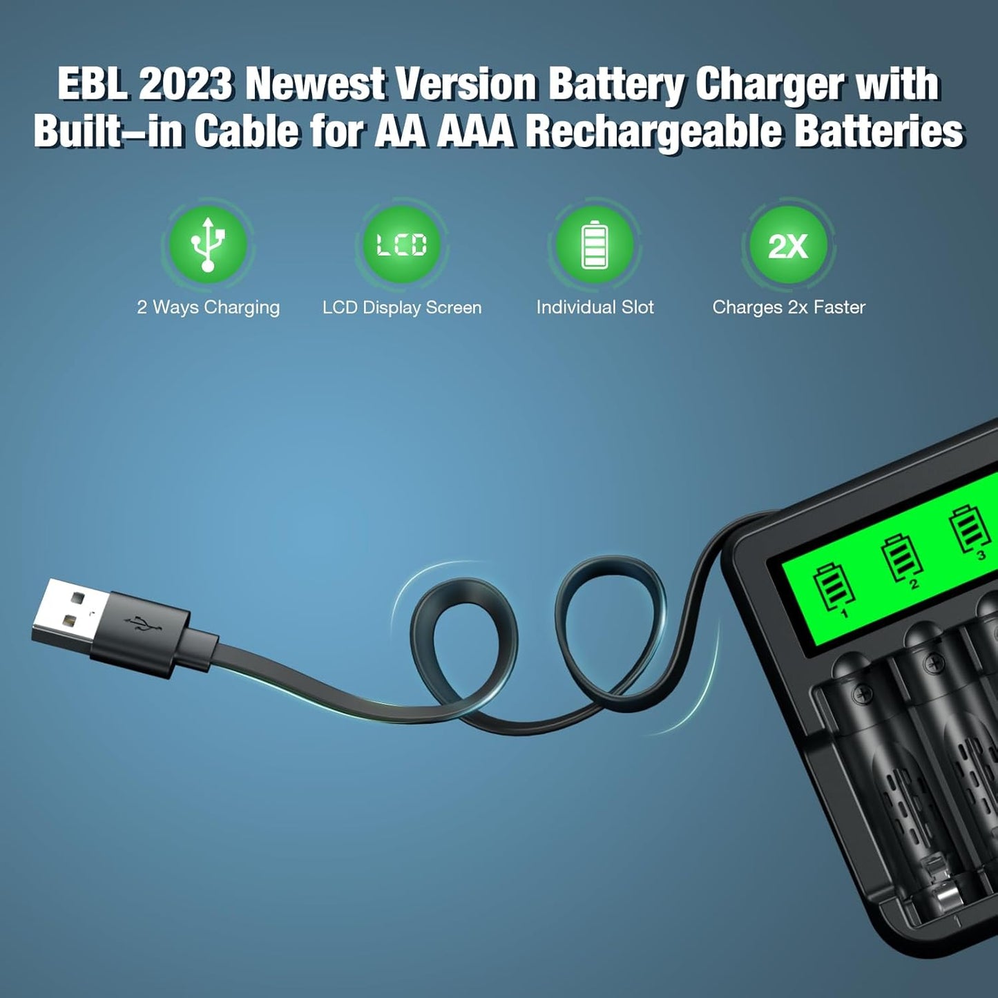 EBL 8 Pack 2300mAh 8-Bay Rechargeable AA Batteries and Battery Charger with Built-in Charging Cable, Ni-MH Duable A