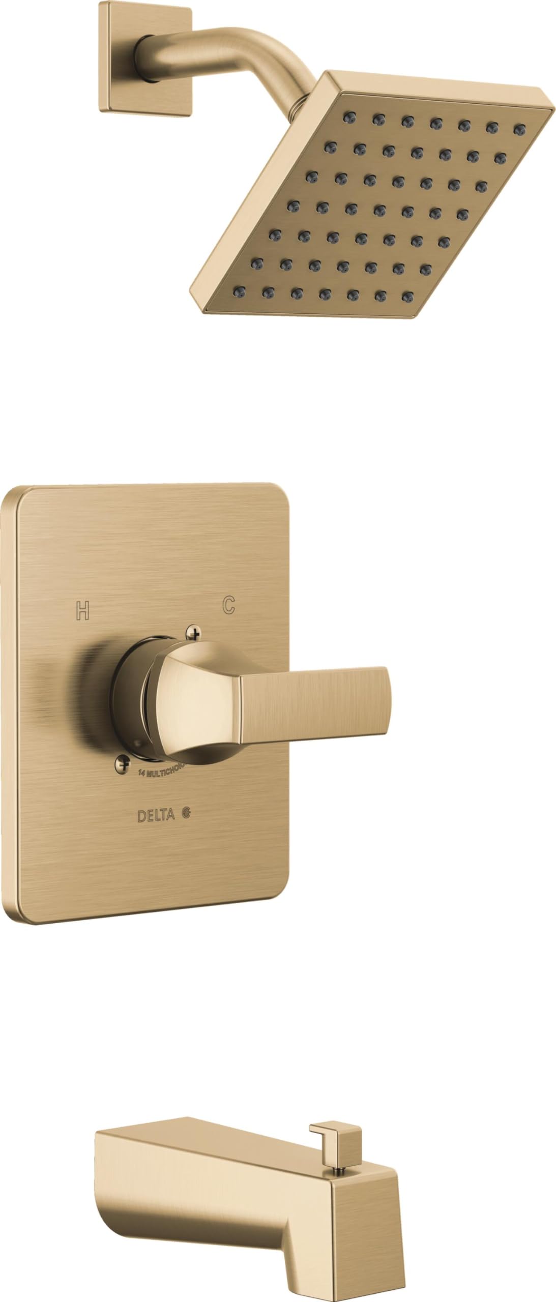 Delta Velum 14 Series Square Bathtub and Shower Faucet Set, Brushed Gold Shower Head and Handle Set, Valve Trim Kit, Champagne Bronze T14437-CZ (Valve Not Included)