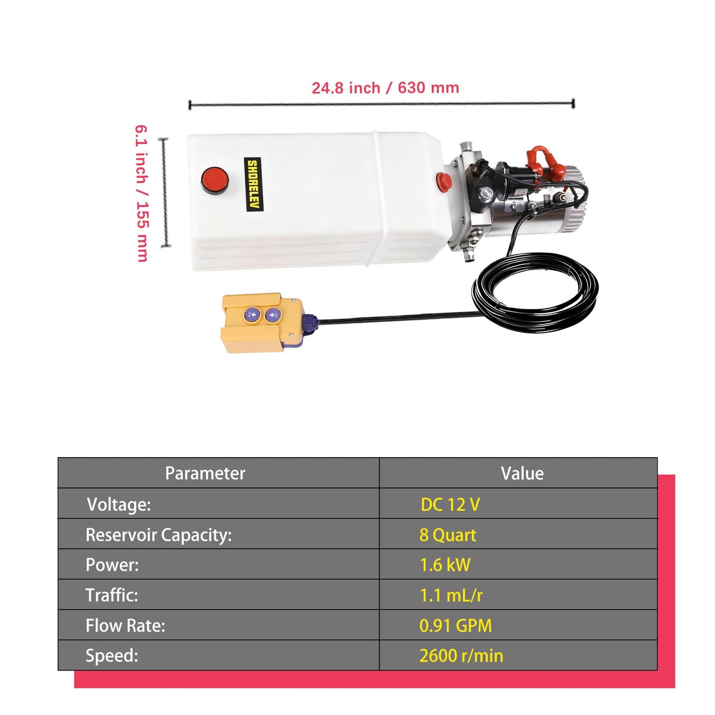 SHORELEV 12V DC Single Acting Hydraulic Power Unit, 8L Hydraulic Pump Plastic Reservoir, 3000 PSI for Dump Trailers, Snow Plows, Log Splitters, Lift Gates