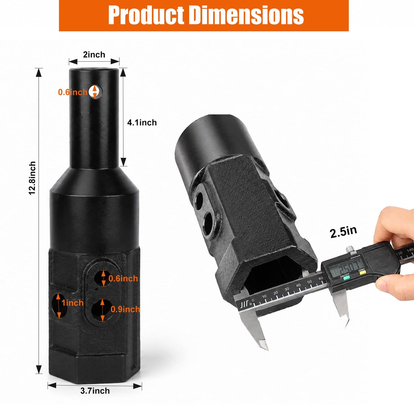 Heavy Duty 2" Hex Female to 2" Round Male Auger Adapter - Cast Steel Fully Welded for Earth Auger, Post Hole Digger - Fits 2" Male Hex Power Head & 2" Female Round Auger