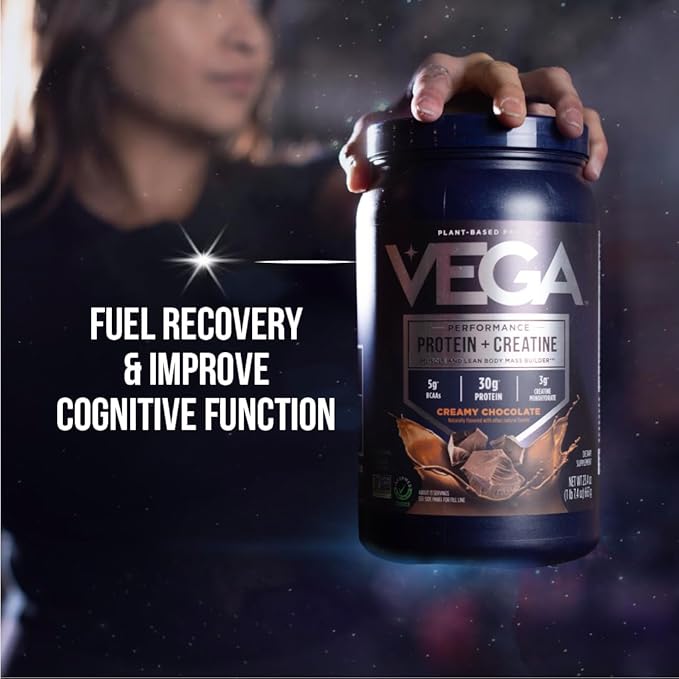 Vega Protein + Creatine - 30g Plant-Based Protein, Vanilla, 20 Servings, 3g Creatine, 5g BCAAs, Vegan, Keto, Gluten Free, Dairy Free, Low Carb, for Muscle Growth & Repair, Drink Mix, 33.9oz