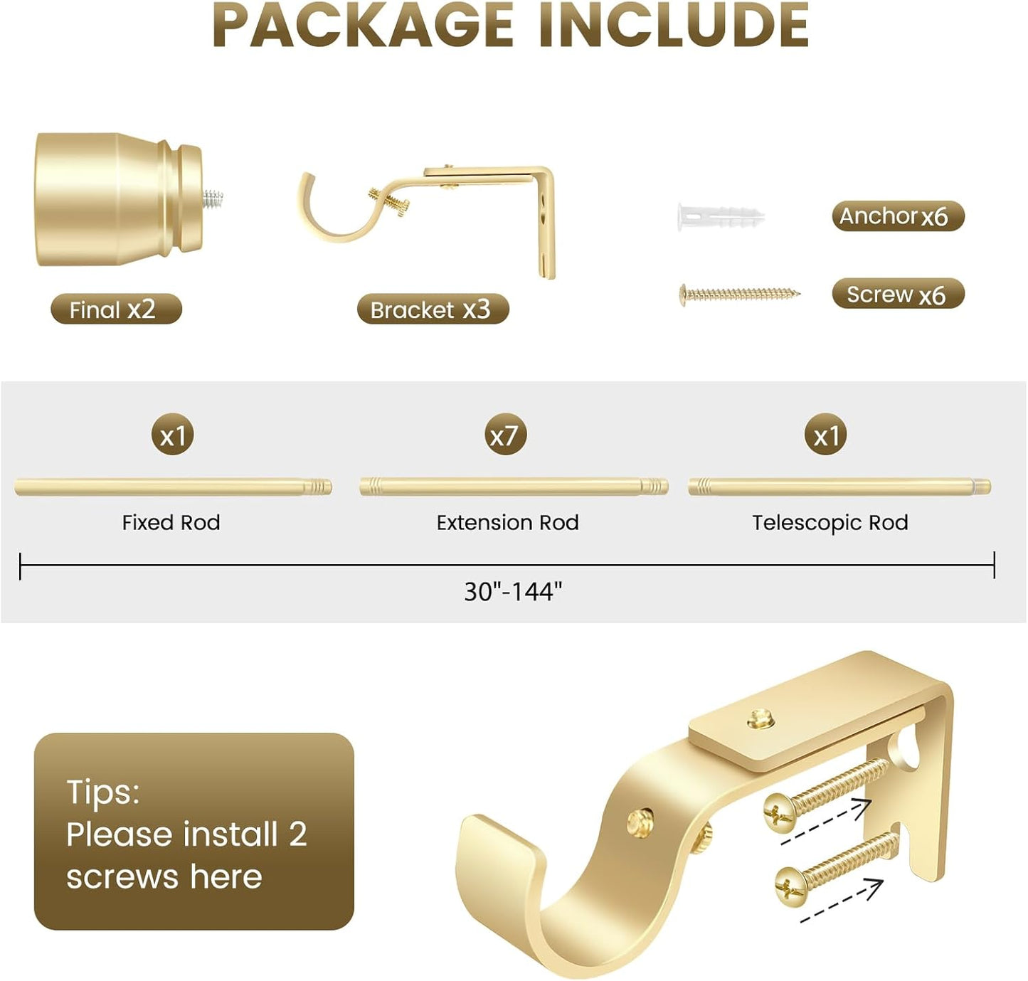 Skiennix 1” Diameter Adjustable Curtain Rod - Heavy Duty Metal, Fits 30-144 Inches, Gold Finish