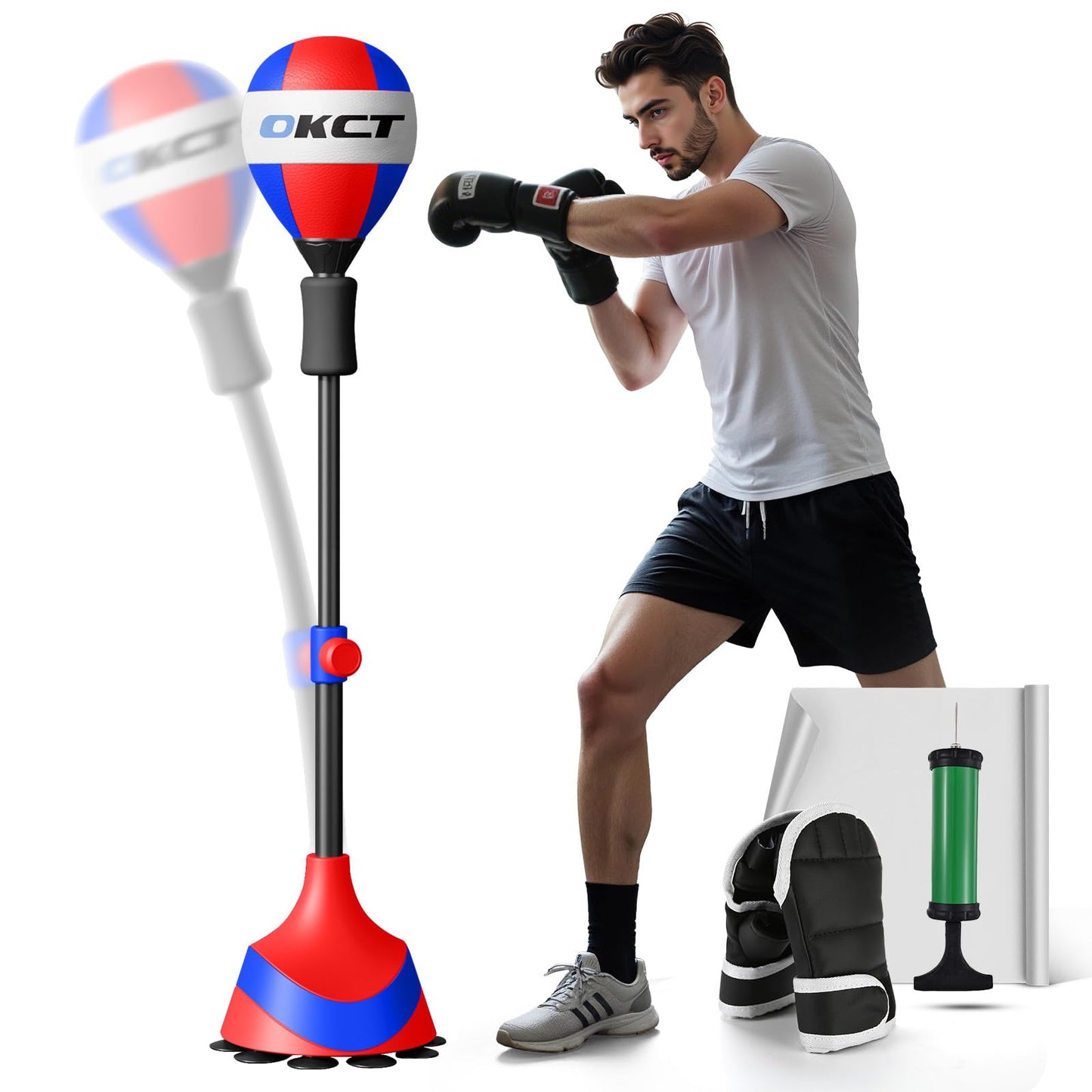 Punching Bag with Adjustable Height Stand, Thickened Steel Frame, Reflex Boxing Ball for Home Gym Equipment, Includes Floor Mat, Gloves & Pump, for Adults & Kids(Red)