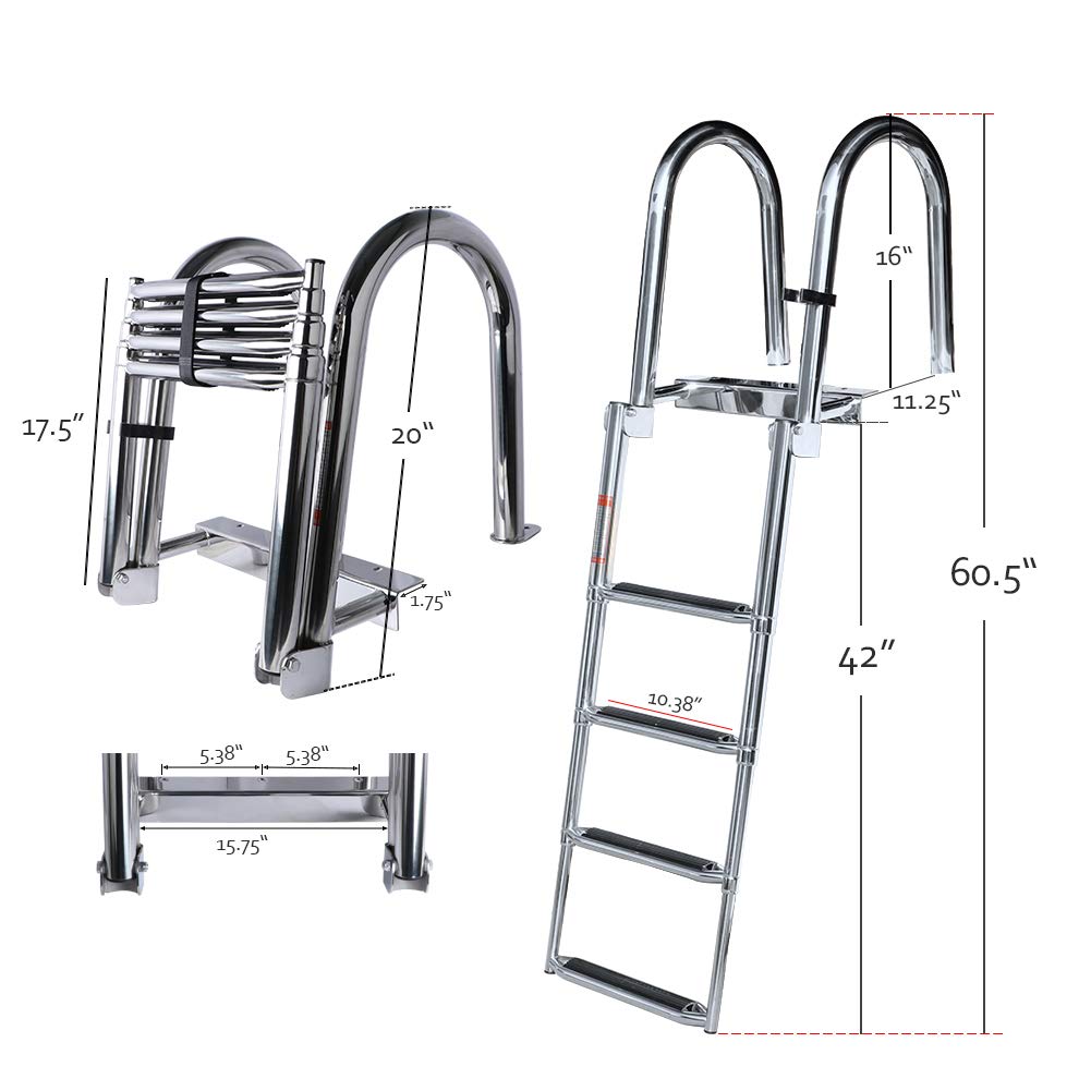 4 Step Pontoon Boat Ladder, 316 Stainless Steel Folding Telescoping Ladder Rear Entry Inboard Ladders All Welded Reinforce Heavy Duty Max.Load 600 Pound with Wide Steps & Safe Handrails
