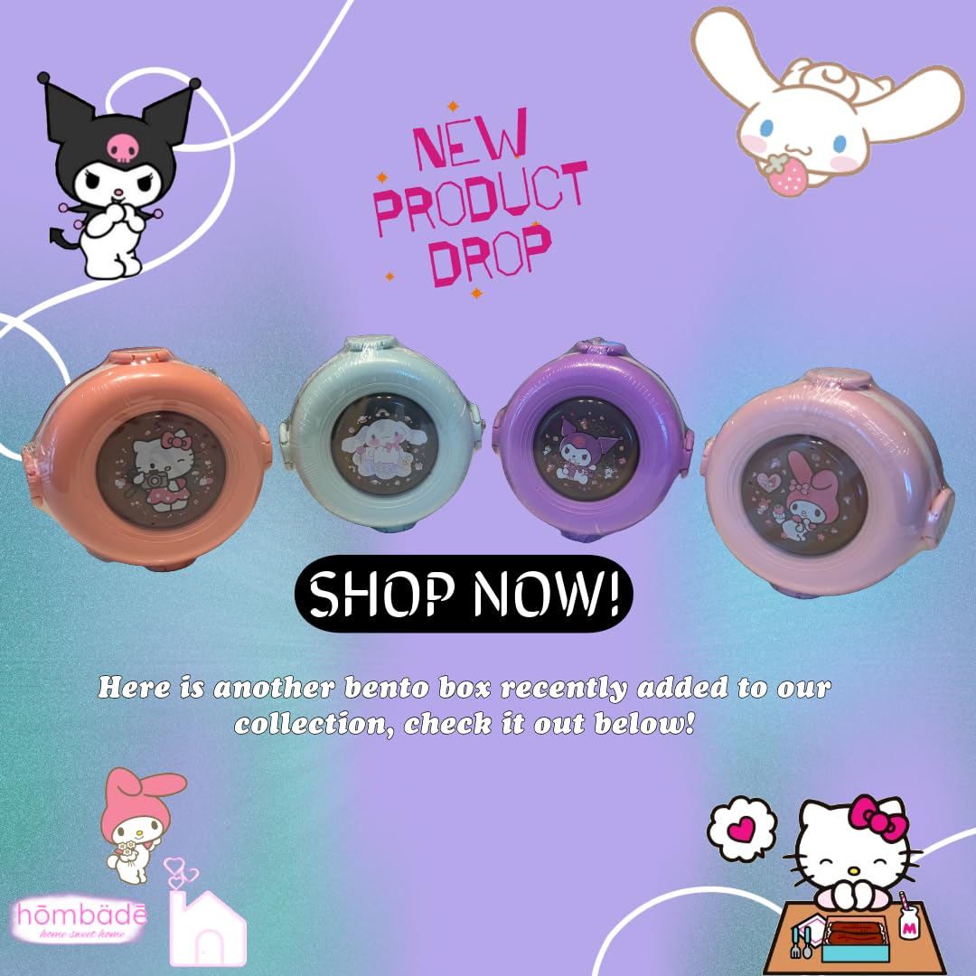 hombäde Bento Lunch Box Container Set with 3 Compartments Portable Personal Sealed Plastic Utensils Food Container Cute Kawaii Anime Kitty Bunny Dog (Purpleromi)