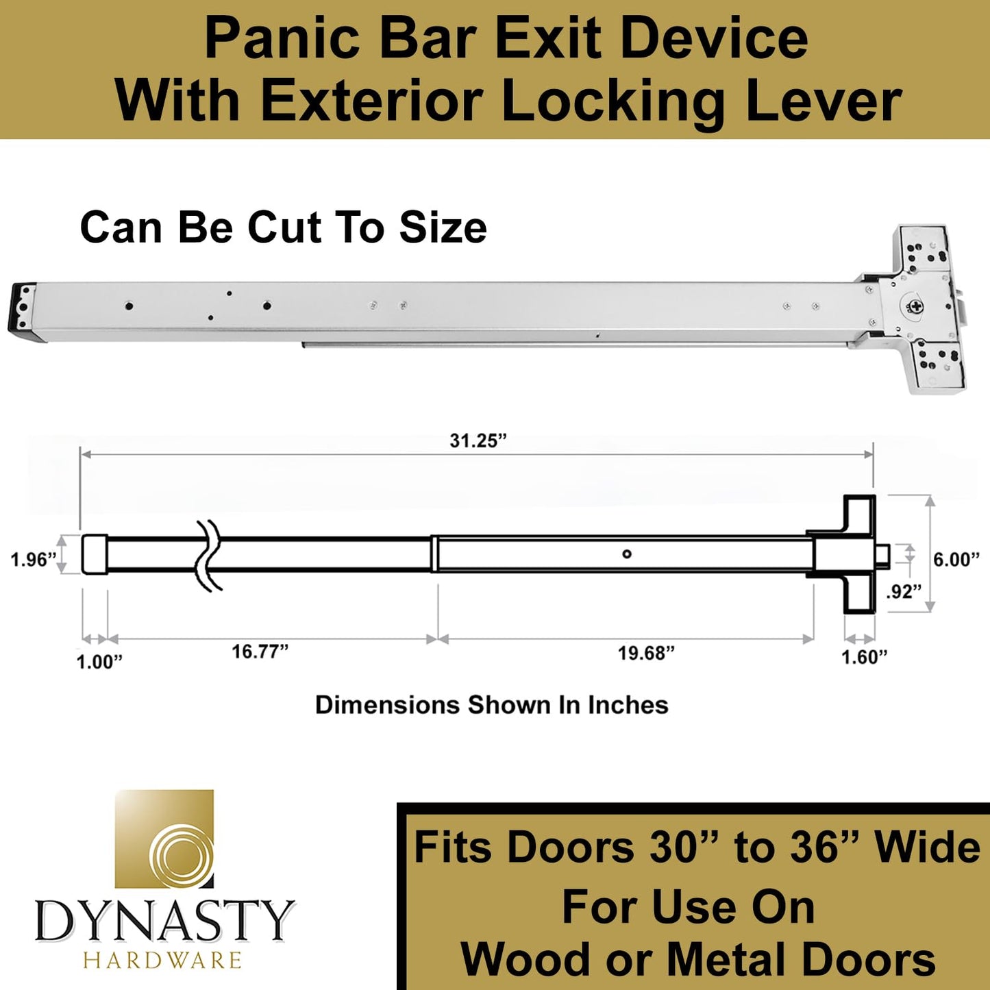 Dynasty Hardware Push Bar Panic Exit Device for Emergency Exit Doors Painted Aluminum, with Exterior Lever Handle