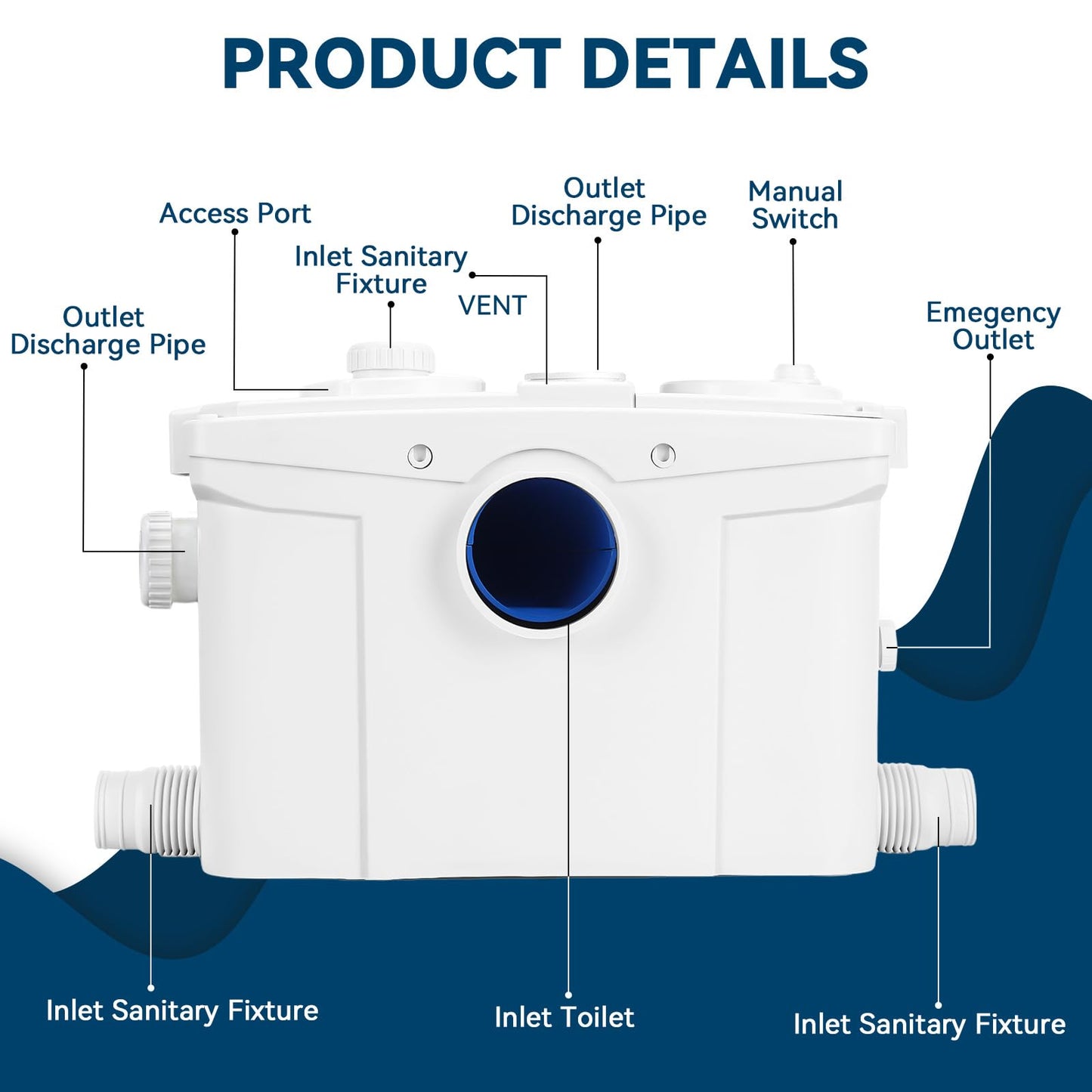1200W Macerator Pump with PCB Function Toilet Pump Utility Sink Pump Upflush to 39.4FT 2800GPH Macerating Toilet System with 4 Water Inlets 2 Outlets for Toilet Sink Shower Laundry Kitchen Basement