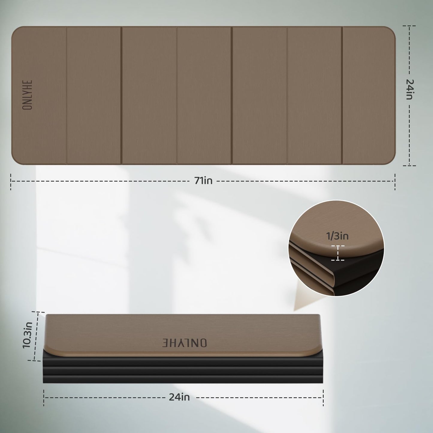 ONLYHE Foldable Yoga Mat Exercise Mat for Home Workout, Comfortable and Durable, 8mm Thick Portable Folding Mat, Non-Slip, Pilates Mat Thick, Outdoor Use, Meditation, Travel, Camping (71"x24" x 0.3") (Brown+Black)