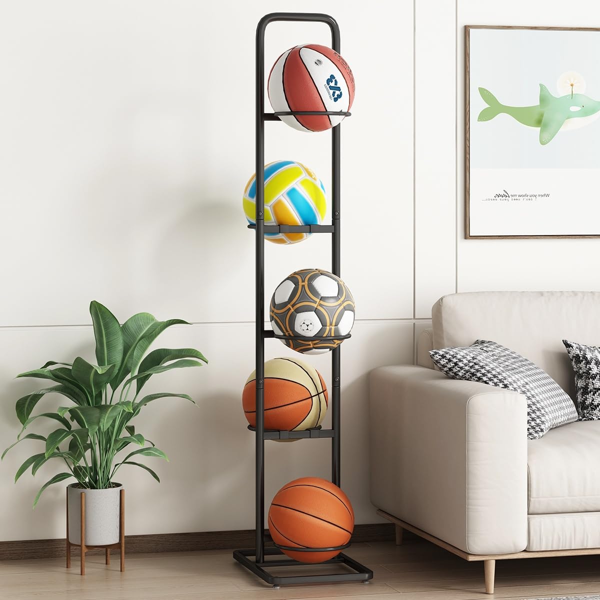 MLUPODY Vertical Ball Rack -basketball rack- Durable Carbon Steel Storage for Basketball, Soccer, Volleyball, and More - Easy to Assemble, Waterproof, Sturdy - 56.7" H