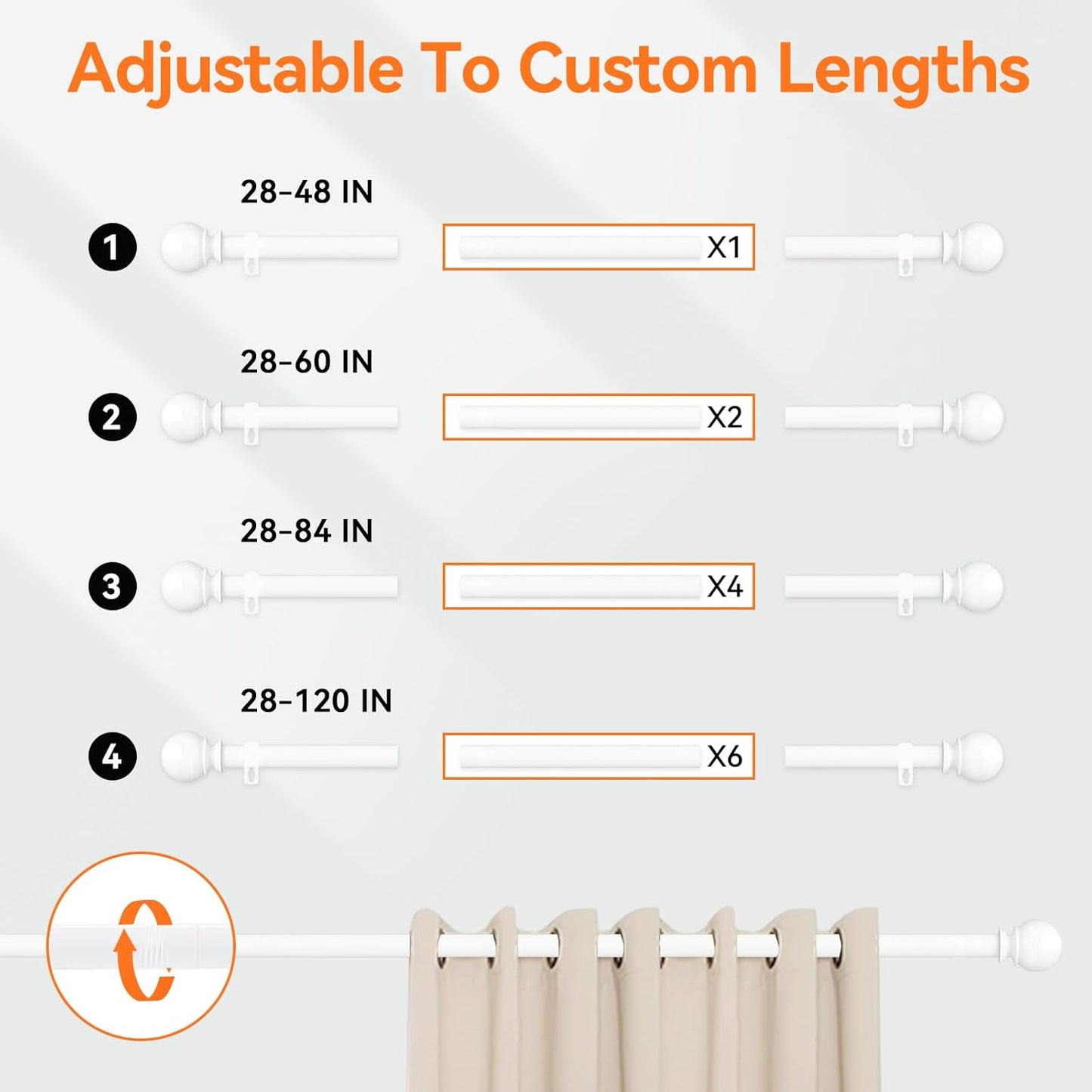 Skiennix Heavy Duty Metal Curtain Rod - Adjustable 28 to 48 Inch, 5/8" Diameter, Includes Bracket