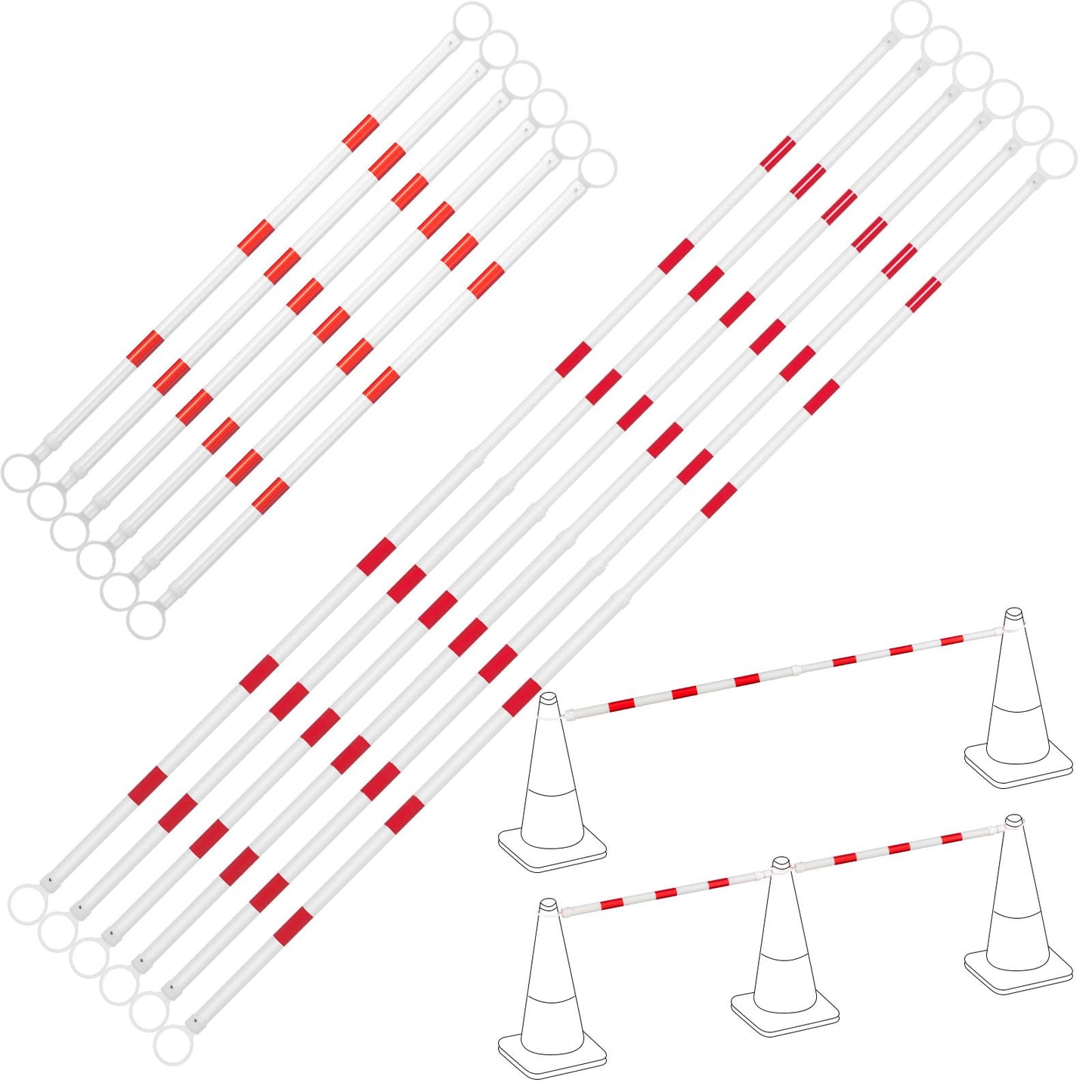 Kanayu 12 Pcs 6-10 ft Retractable Cone Bar Extendable Traffic Safety Cone Bar with Reflective Film Barricade for Parking, Road Construction,Cone Not Include (Red, White)