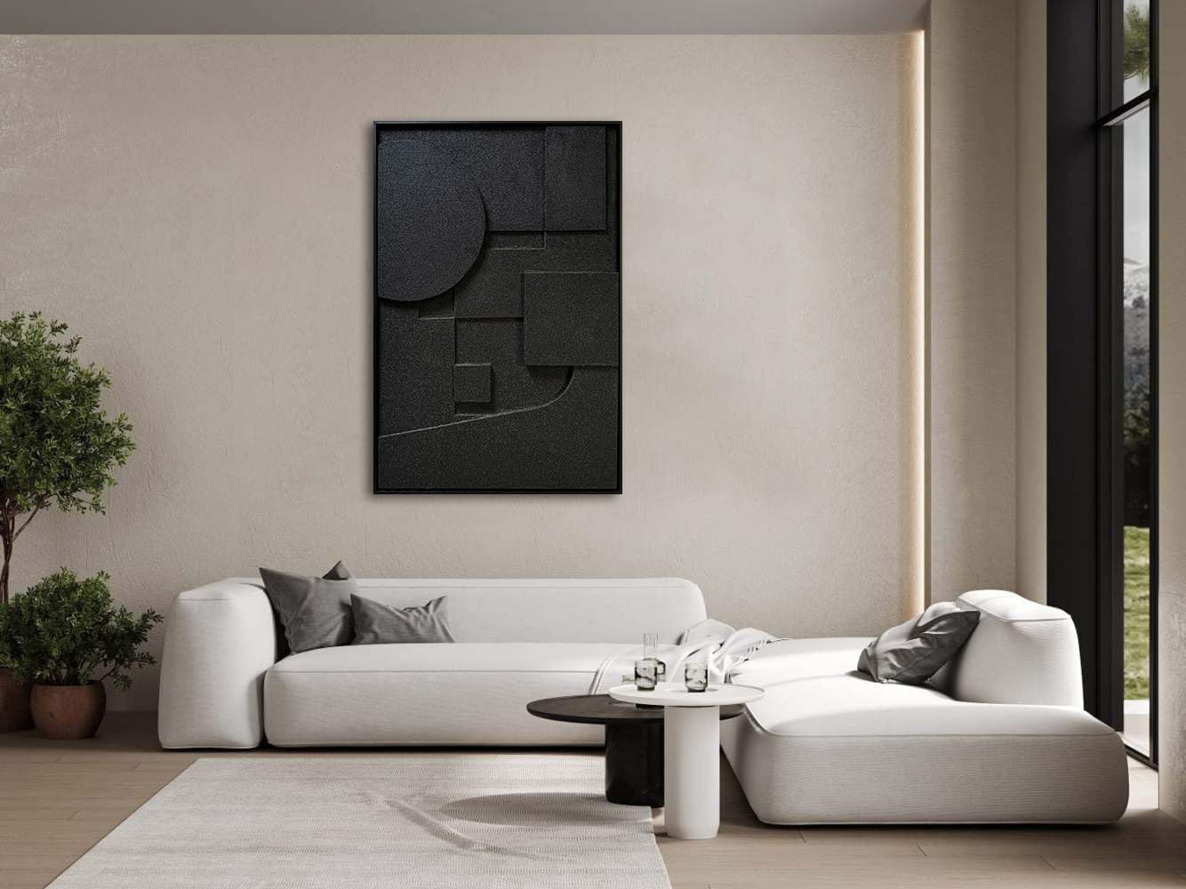 Slyart Black Textured Wall Art - Handmade 3D Abstract Relief Painting | Framed Vertical Art 24x36 Inch