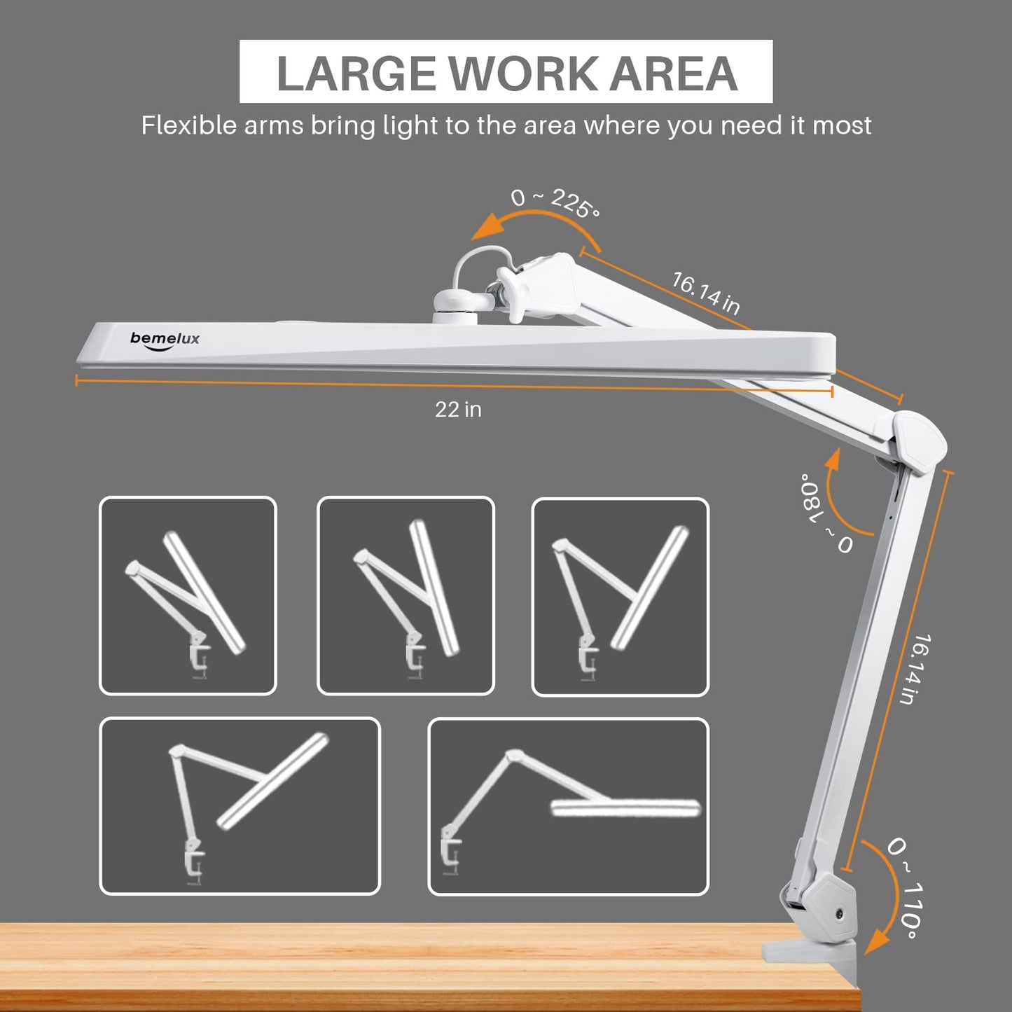 Bemelux LED Architect Desk Lamp with Clamp, Metal Swing Arm 2000 Lumens Dimming Office Table Lamp for Task Work Drafting Reading Desktop, 234 LEDs,24W, 5 Color Temperatures Workbench Lamp(White,24CCT)