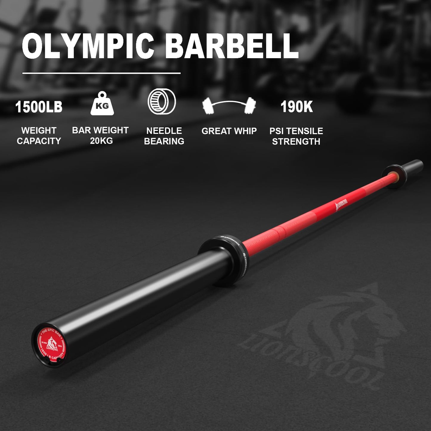 LIONSCOOL 7ft Olympic Barbell (Red Ceramic Shaft & Black E-coated Sleeves, 1500LBS, No Center Knurl)