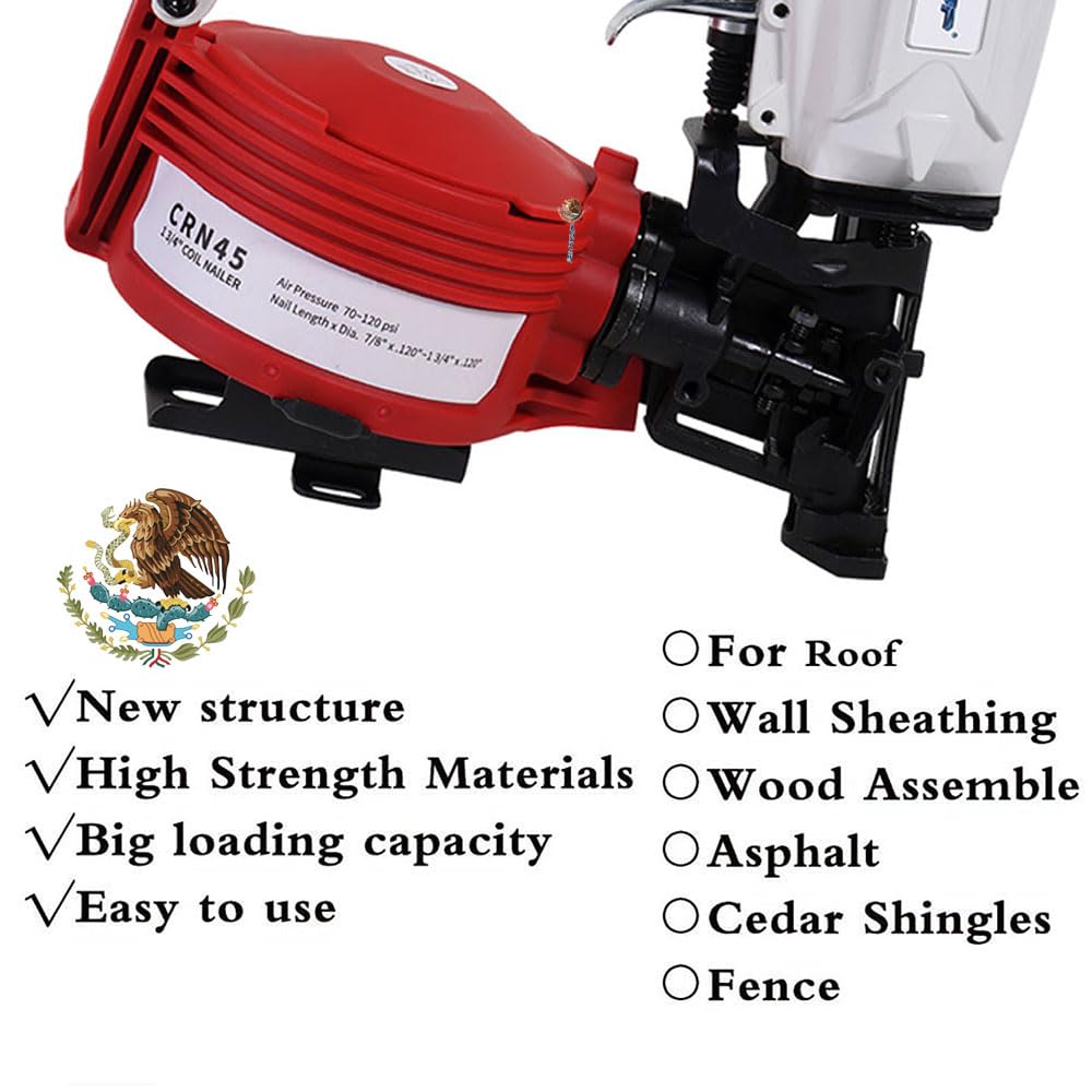 BHTOP Mexican Style CN45N Roofing Nailer, 15 Degree Roofing Nail Gun, 3/4-Inch to 1-3/4-Inch Coil Nails, 120-pcs Load Capacity Coil Nailer