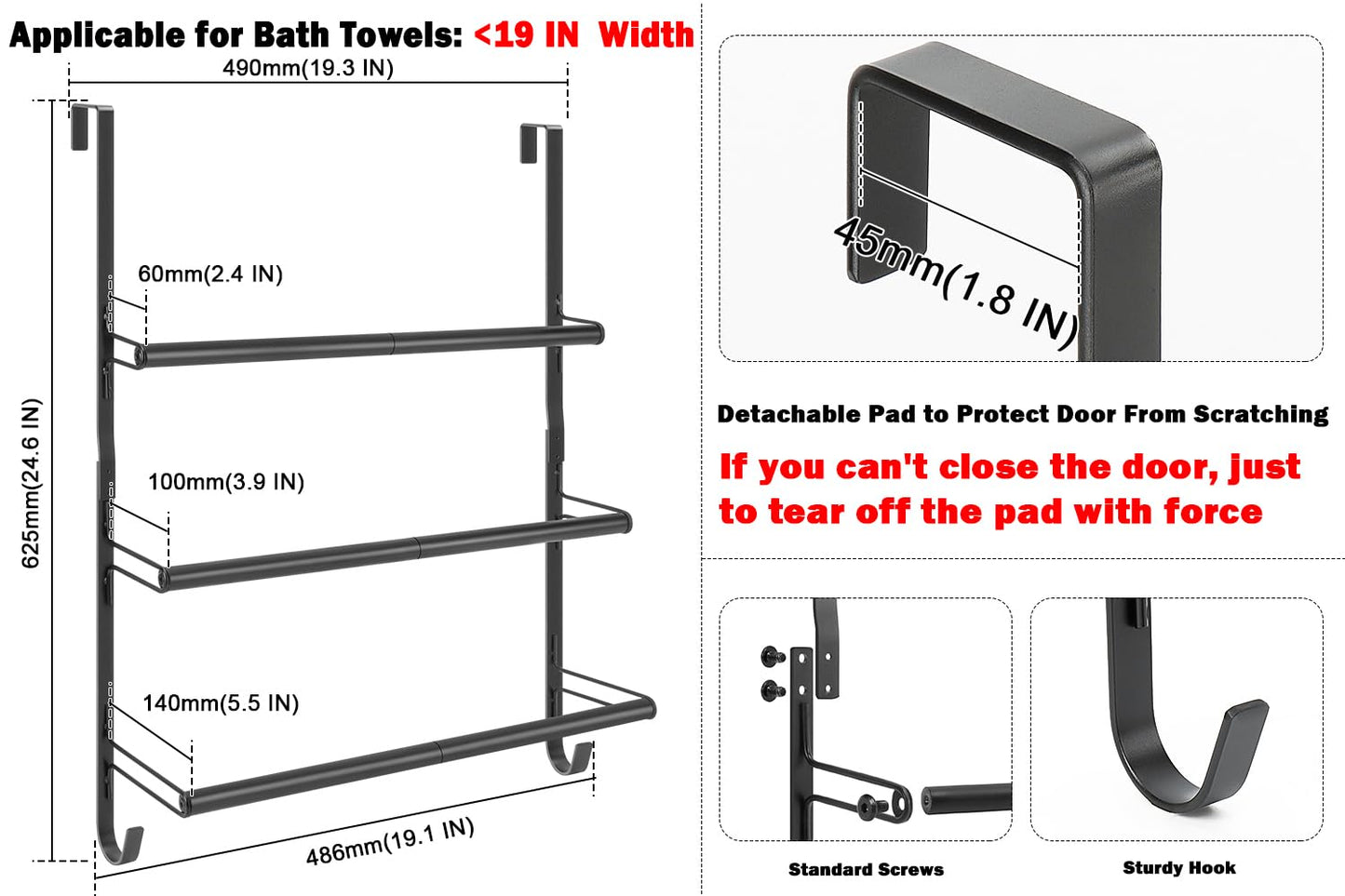 Livabber 3-Tier Over The Door Towel Rack, All Metal Towel Rack with Hooks for Door Hanging, Behind Door Towel Bar Towel Storage Holder for Bathroom Accessories, Black (19.37" L x 5.9" W x 24.4" H)