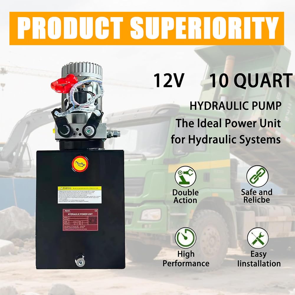 ParnicoTech 10 Quart Hydraulic Power Unit, Double Acting Dump Trailer Pump 12V DC, 3200 PSI Max Relief Pressure, Power Unit Metal Reservoir for Dump Trailer Car Lifting, SAE # 6 Port, Steel