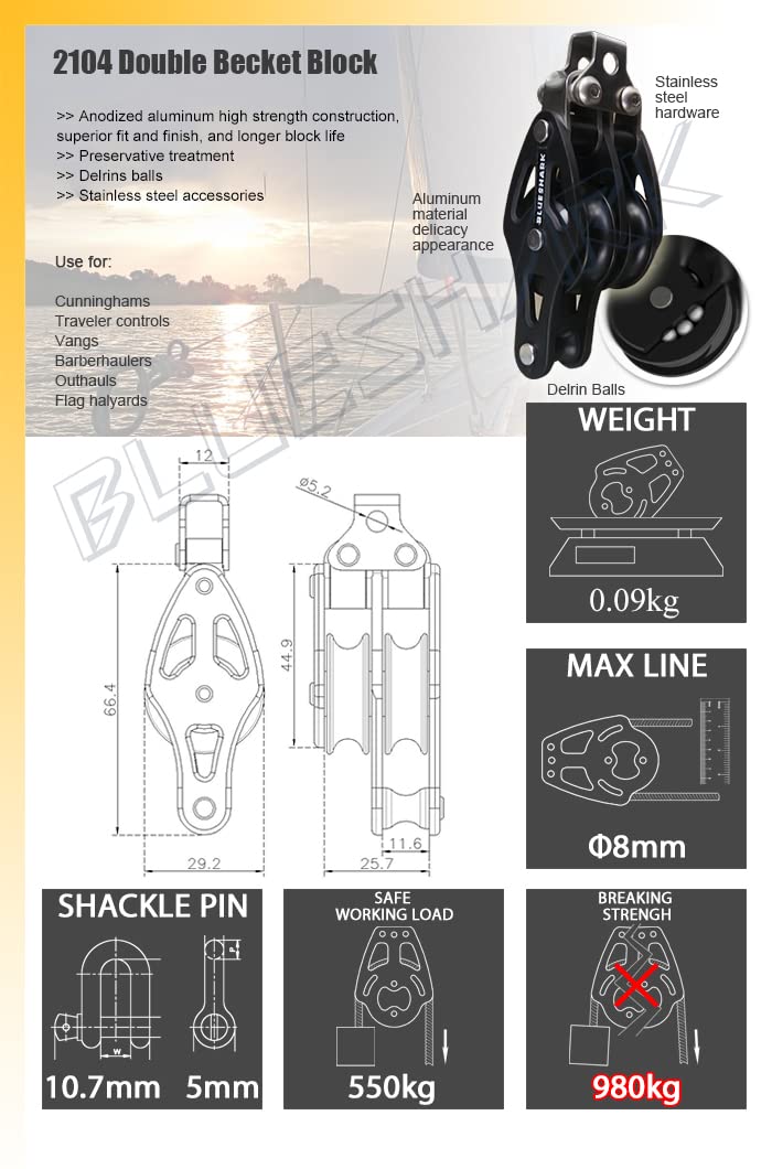 Blue Shark-Sailing Pulley Blocks Ball Bearing 28mm Double Becket Fixed 2104