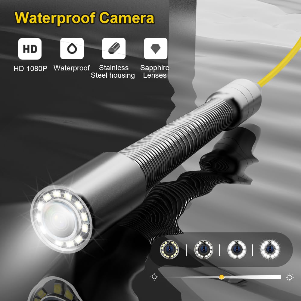 SYOWNFS Sewer Camera with 512Hz Sonde Self-Leveling, Pipe Inspection Camera with DVR Recorder, Endoscope with 12pcs LED Lights for Plumbing, 100ft/30m (16GB SD Card Included)