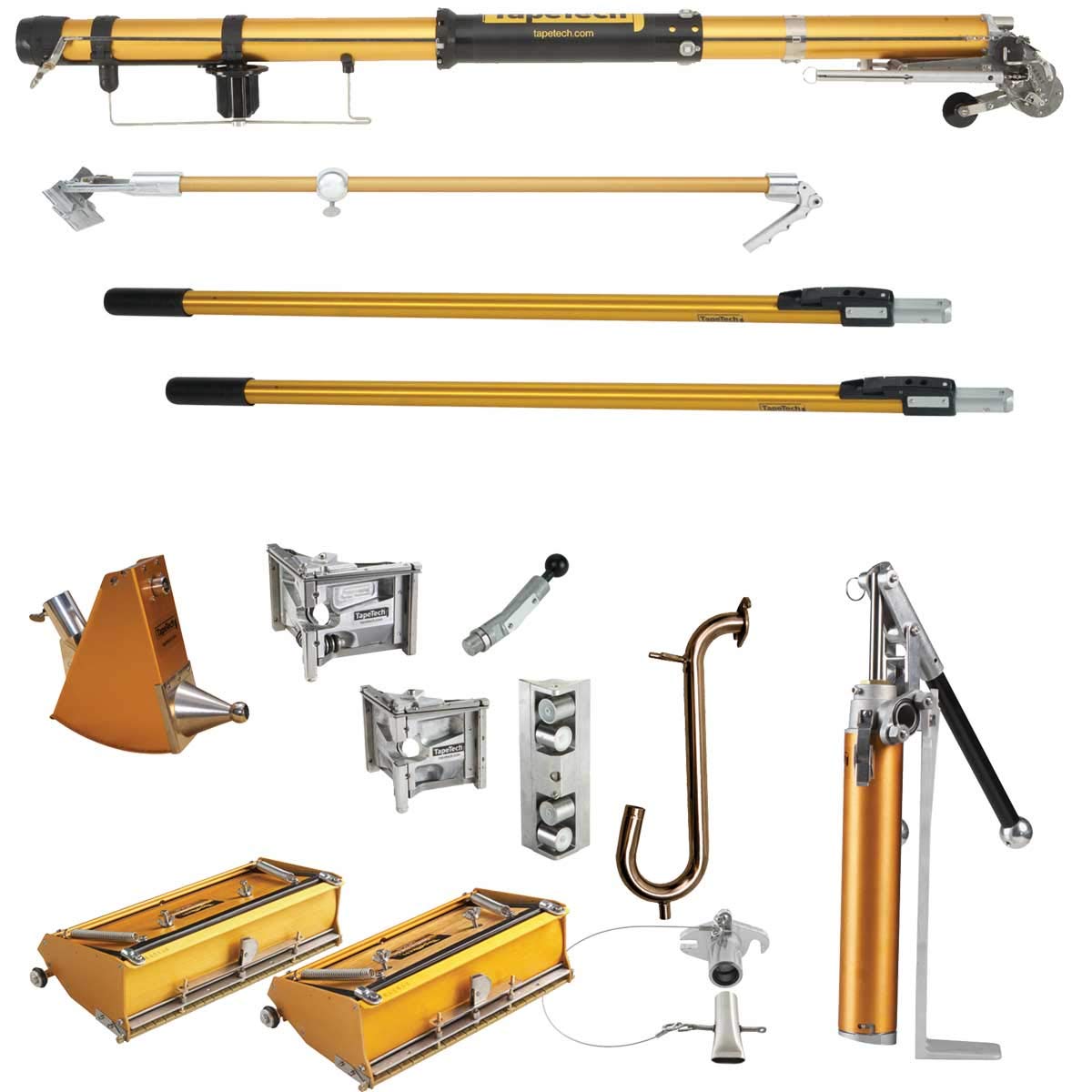 TapeTech Expanded Full Set of Drywall Taping and Finishing Tools with Bazooka Taper, 10/12 Flat Boxes, Angle Box, Angle Heads, Pump, Gooseneck, Corner Roller and Extendable Handles