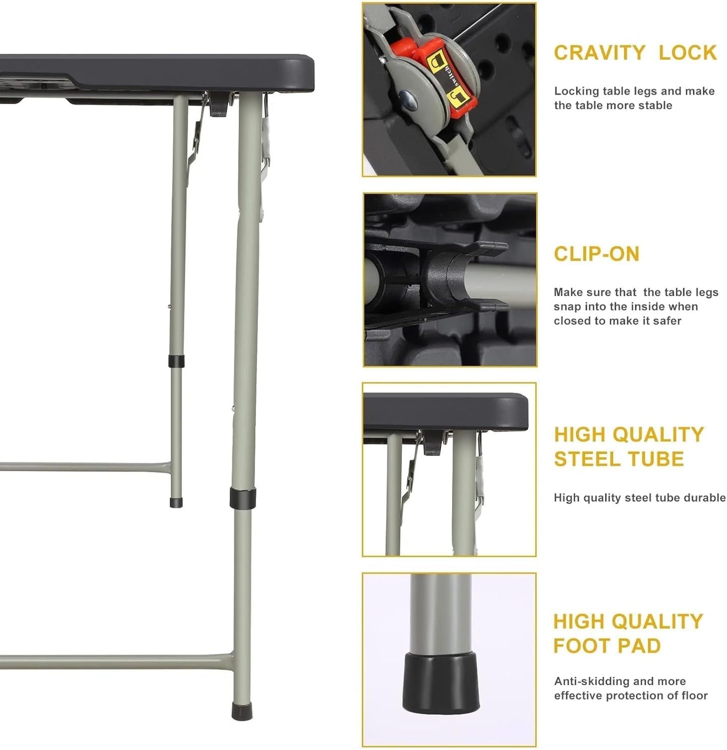 Skiennix 4-Foot Folding Table - Adjustable Height 22-30 Inches | Heavy-Duty Portable Plastic Table for Indoor & Outdoor Use
