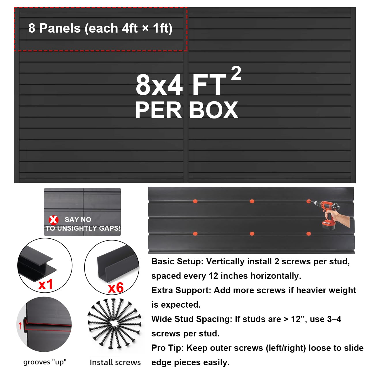 FRAYSCENT Slat Wall Paneling Garage Wall Organizer, Slatwall Panels Garage Tool Organizer Wall Mount Garage Slat Wall Storage Systems, Slat Board PVC Wall Panels Garage Storage (Black, 8ftx4ft)