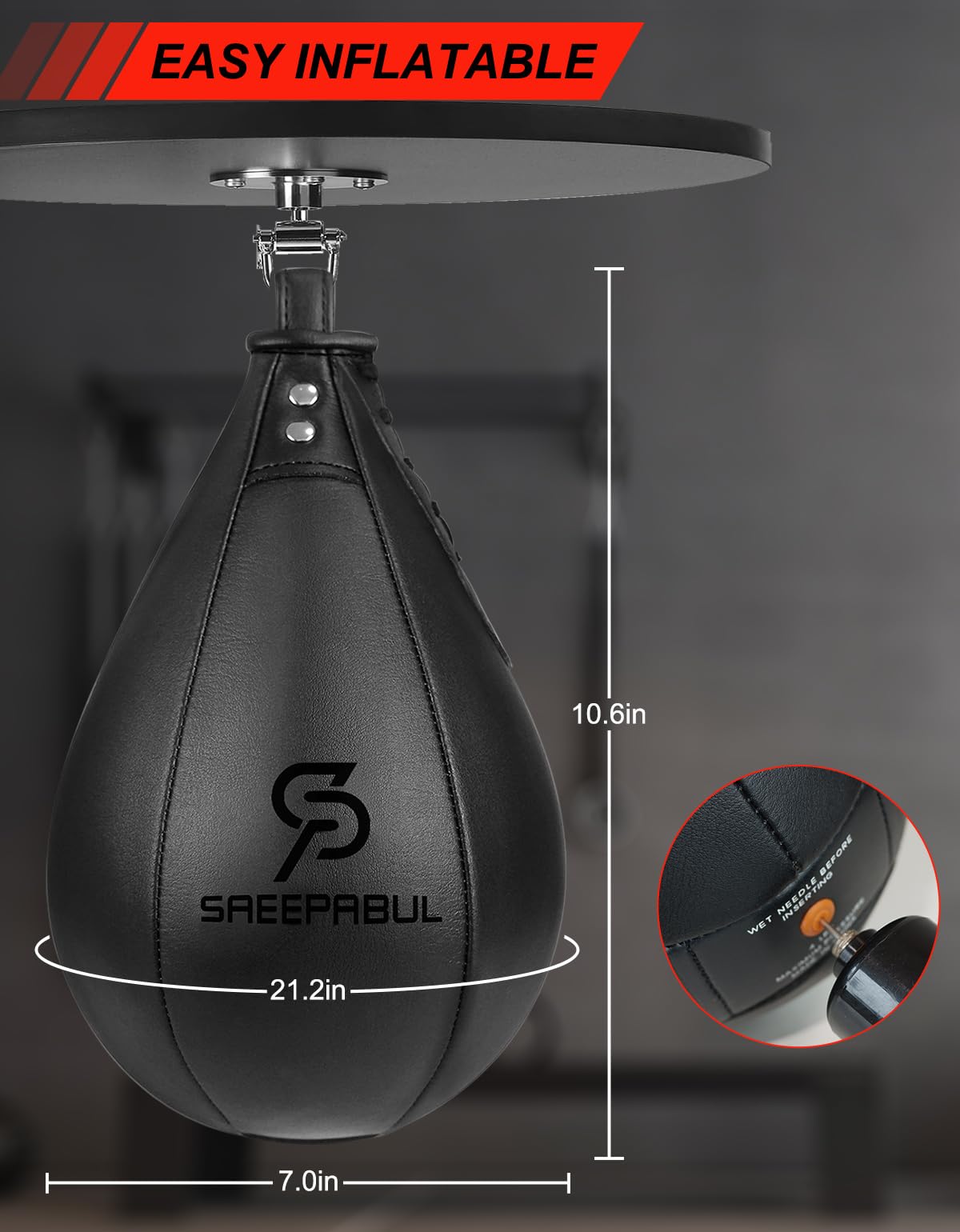 SAEEPABUL Boxing Speed Bag for Adults - Professional Synthetic Leather Punching Bag with Latex Bladder, Adjustable Training Equipment for Home Gym Fitness Black