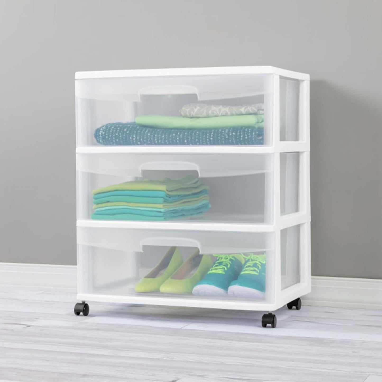 Sterilite Wide 3 Drawer Storage Cart - Rolling Plastic Organizer with Wheels | White & Clear Drawers