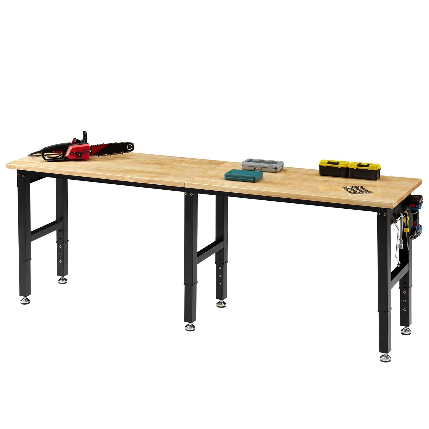 Albott 96x24 in Adjustable Workbench with Power Outlets, 6000 LBs Heavy Duty Wood Workbench with Hooks, Solid Rubber Wood Top for Garage, Workshop, Woodworking, Home Office