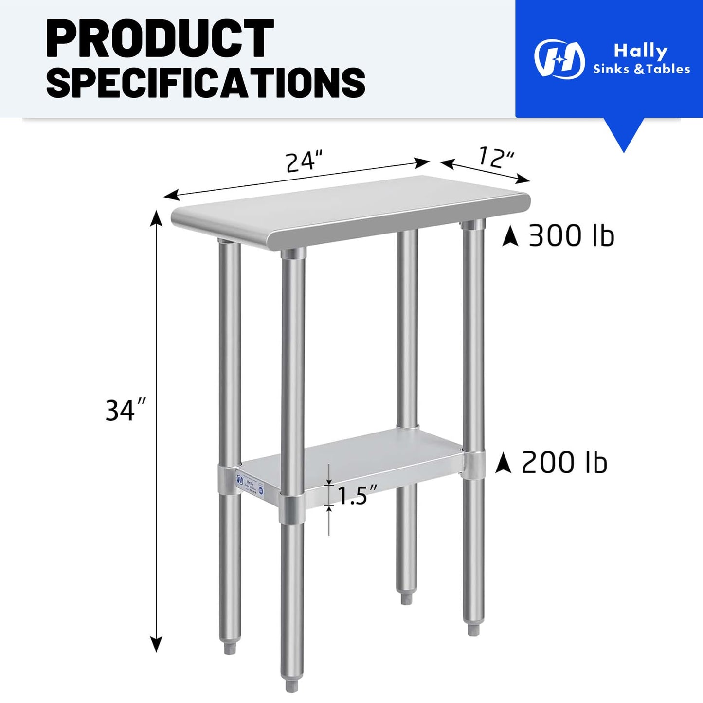 Hally Stainless Steel Table for Prep & Work 24 x 12 Inches, NSF Commercial Heavy Duty Table with Undershelf and Galvanized Legs for Restaurant, Home and Hotel