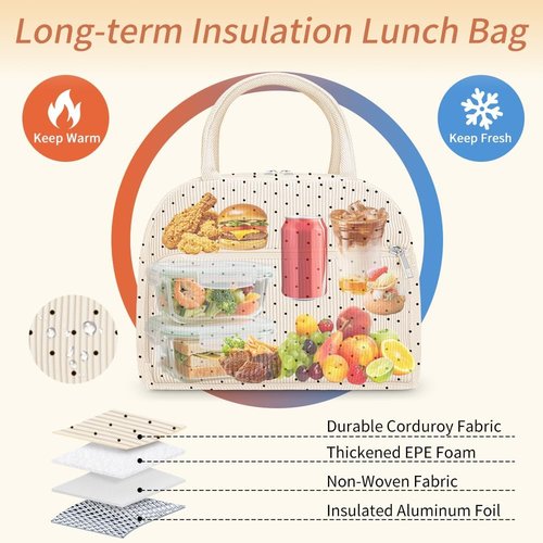 Coobiiya Lunch Bag - Insulated, Leakproof Tote for Men & Women | Cute Corduroy Design, Large Capacity