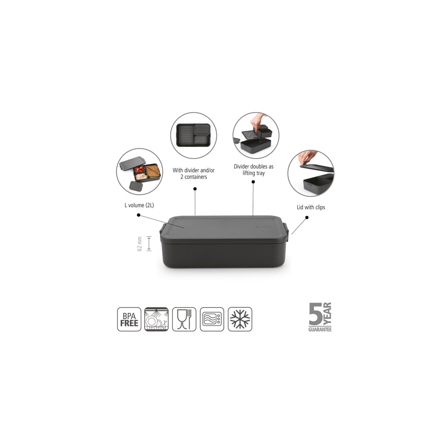 Brabantia Make & Take Bento Lunch Box (Dark Gray) 2 Compartments & Lidded Pot, Lift-Out Tray Divider, BPA-Free, Airtight Snap Locks, Microwave & Freezer Safe, Travel Meal Prep Container