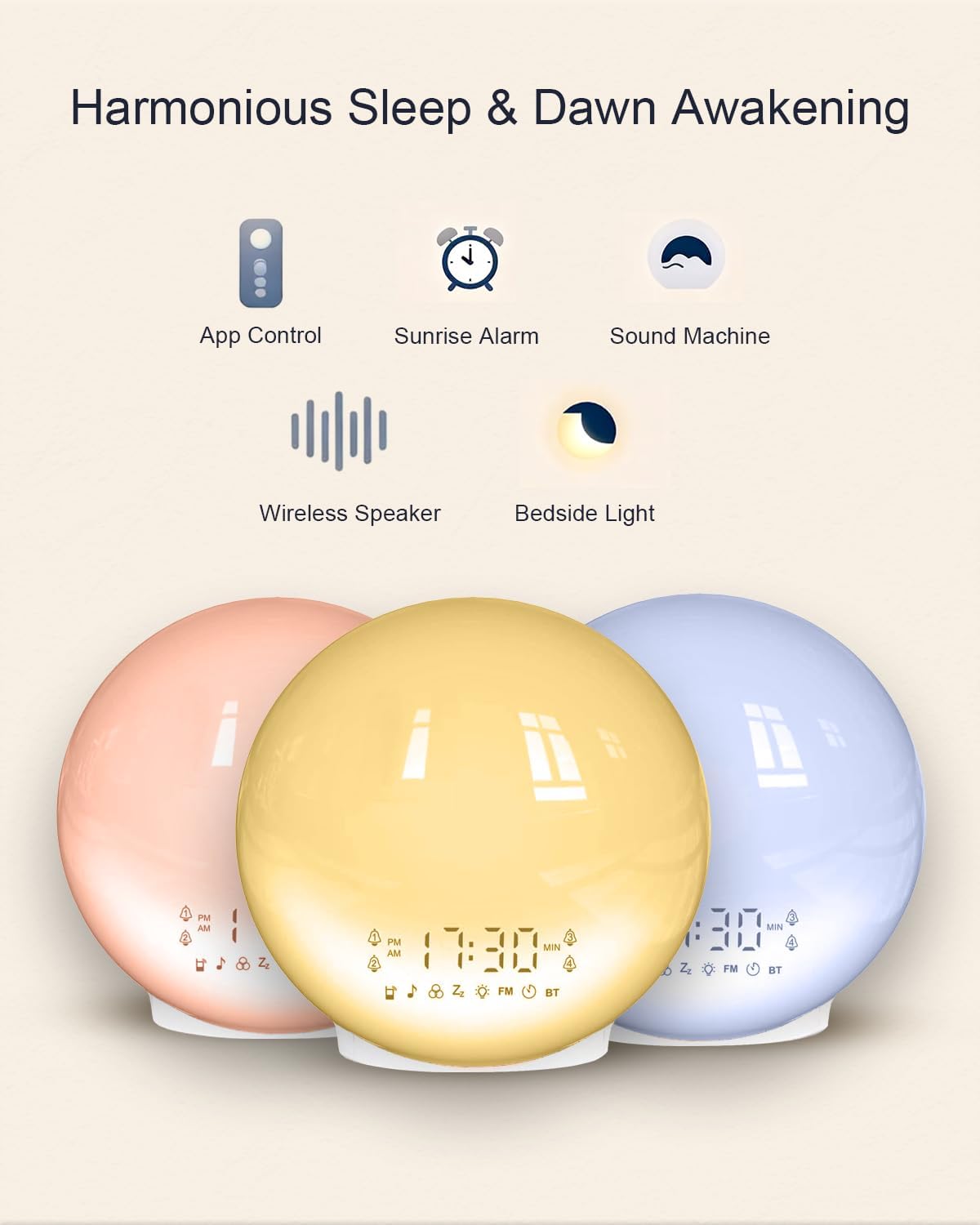 4 Smart Sunrise Alarm Clock with No Signup APP Control & Wake-Up Light, Alarms, White Noise, FM Radio, Wireless