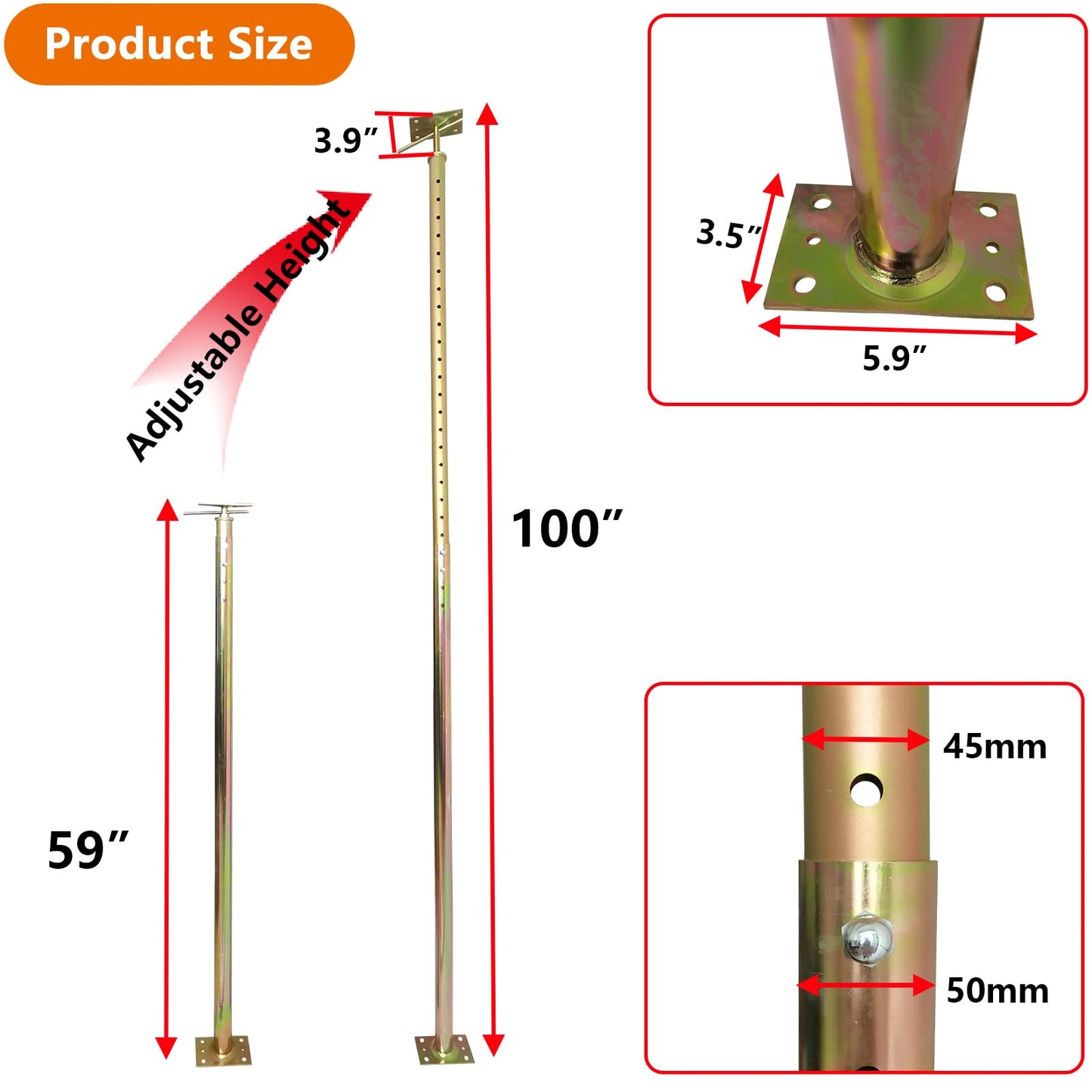ASTAMOTOR 2 Pack 59" - 100" Adjustable House Floor Wall Jack Post Pole Rod Fit for Leveling Framing Basement Crawlspace Beam Roof Stair Ceiling