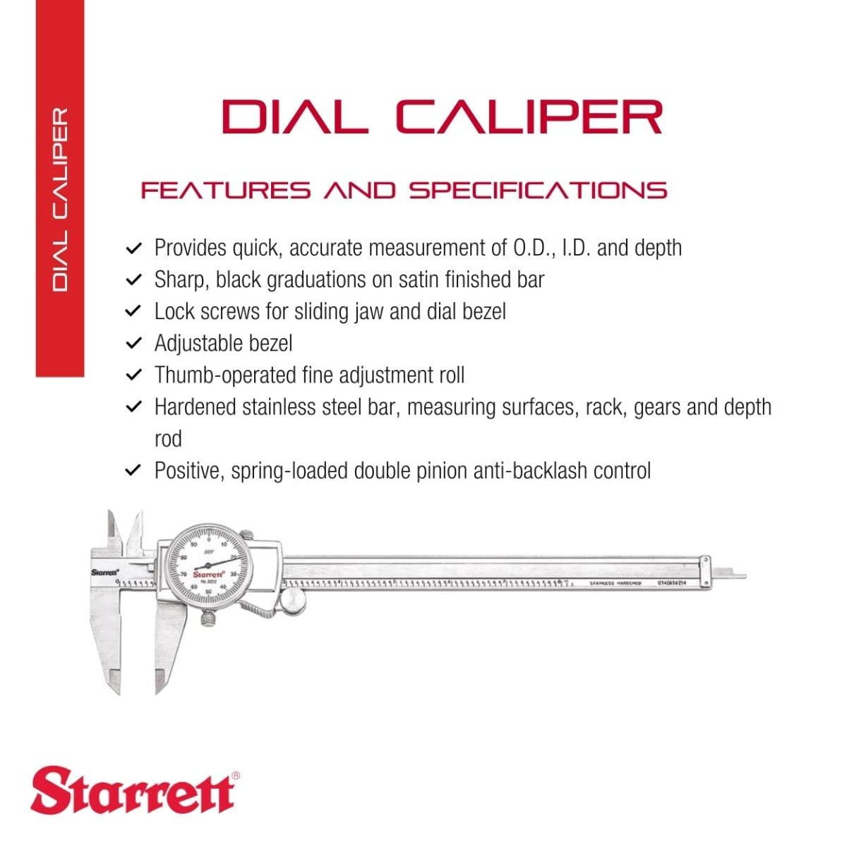 Starrett Dial Caliper with Adjustable Bezel and Fitted Case - White Face, 0-8" Range, -0.001" Accuracy, .001" Graduation - 3202-8