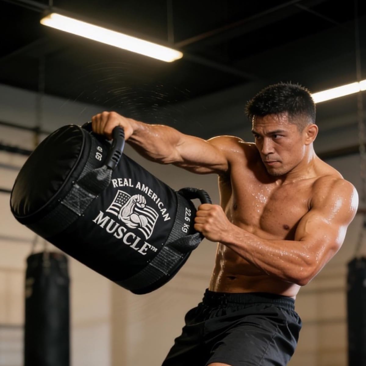 Real American Muscle 50 lb Heavy Duty Weighted Workout Sandbag, Compact 12 Inch Sand Bag for Strength Training, Strongman, Kettlebell Swings, Loaded Carries, Lunges, Squats, HIIT, Functional Fitness