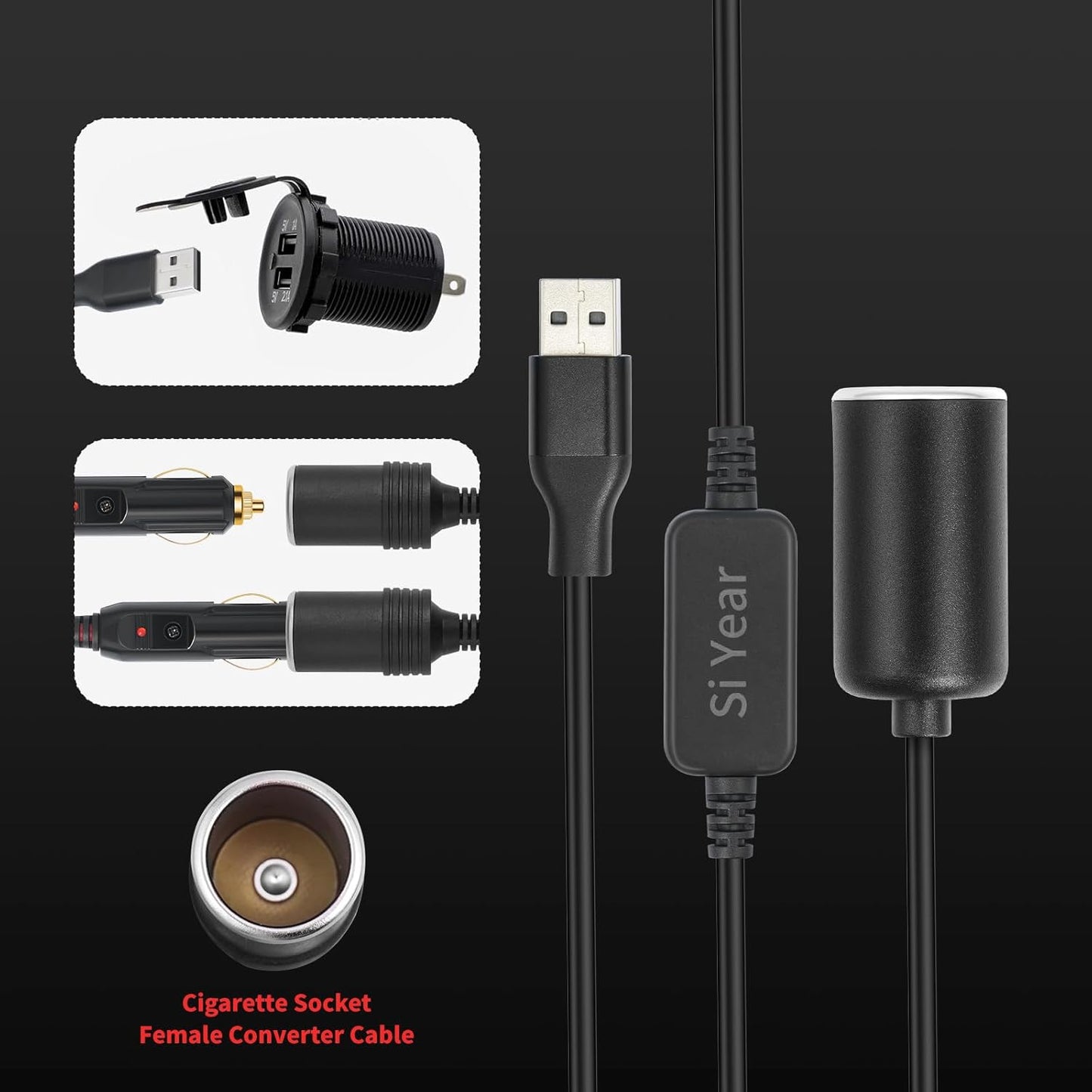 SiYear 12V 18W (0.3m/1FT) USB A Male to Cigarette Lighter Socket Adapter Power Cable for Driving Recorder, Radar