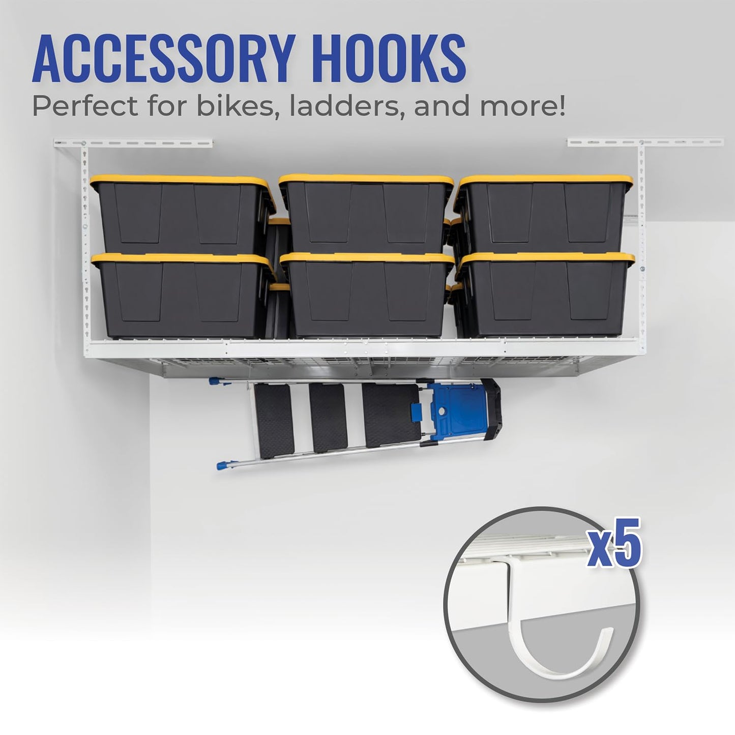 SafeRacks 4 ft x 8 ft Overhead Storage Rack Adjustable 24 in - 45in Height (White) With Accessory Pack With 5-Piece Hook Accessory Pack